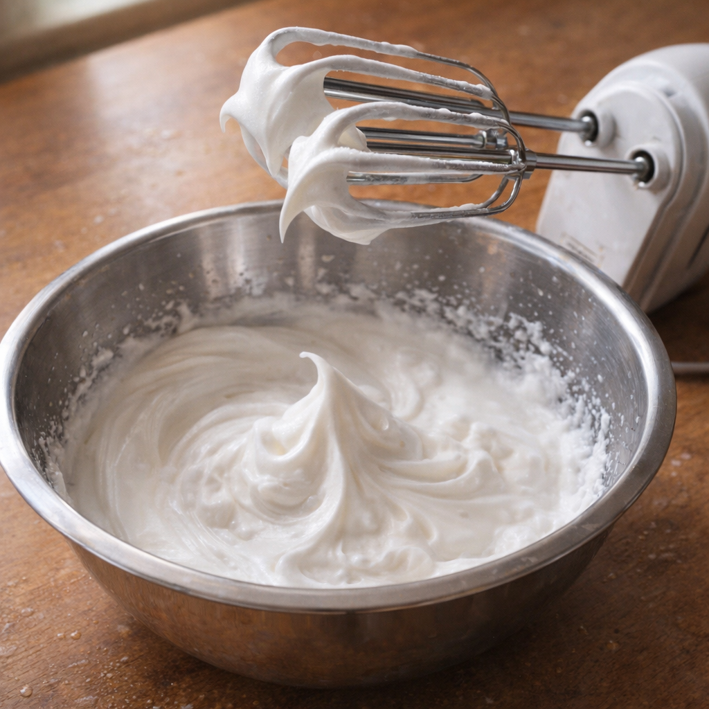 Egg whites beaten to soft peaks in a mixing bowl