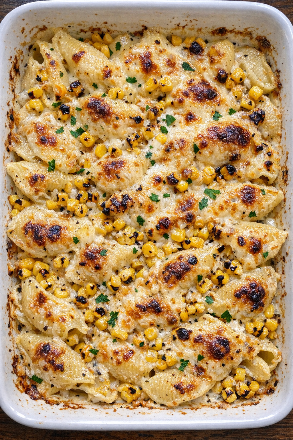 Creamy baked pasta shells with charred corn and melted cheese in a casserole dish