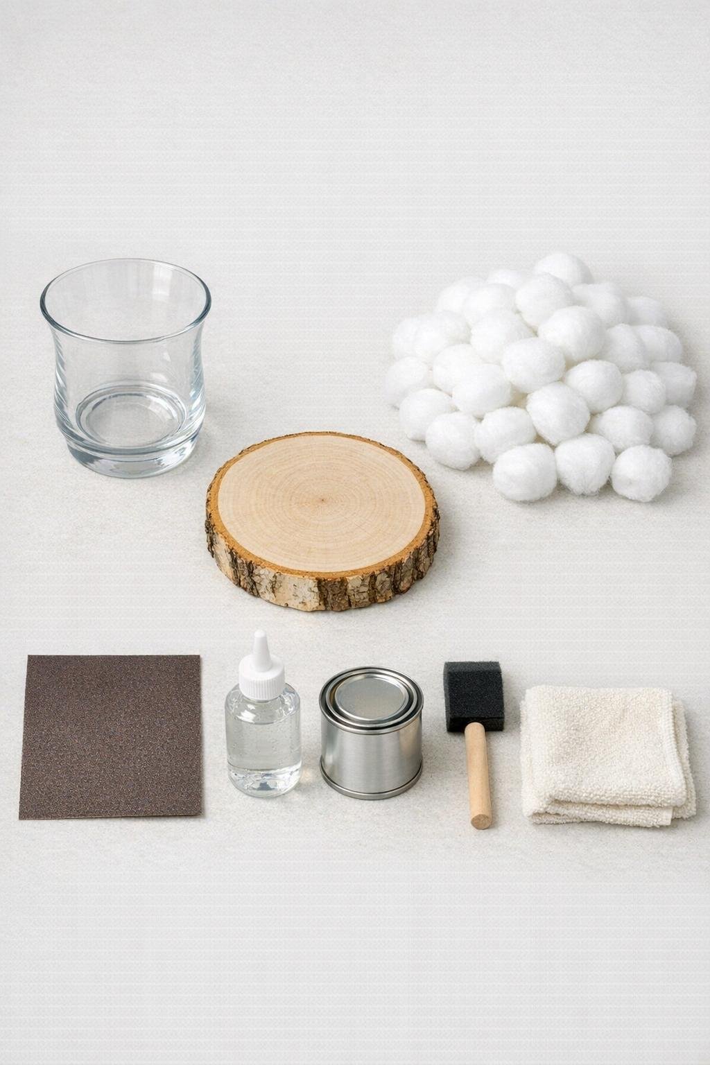 Materials for a rustic bathroom cotton jar laid out neatly