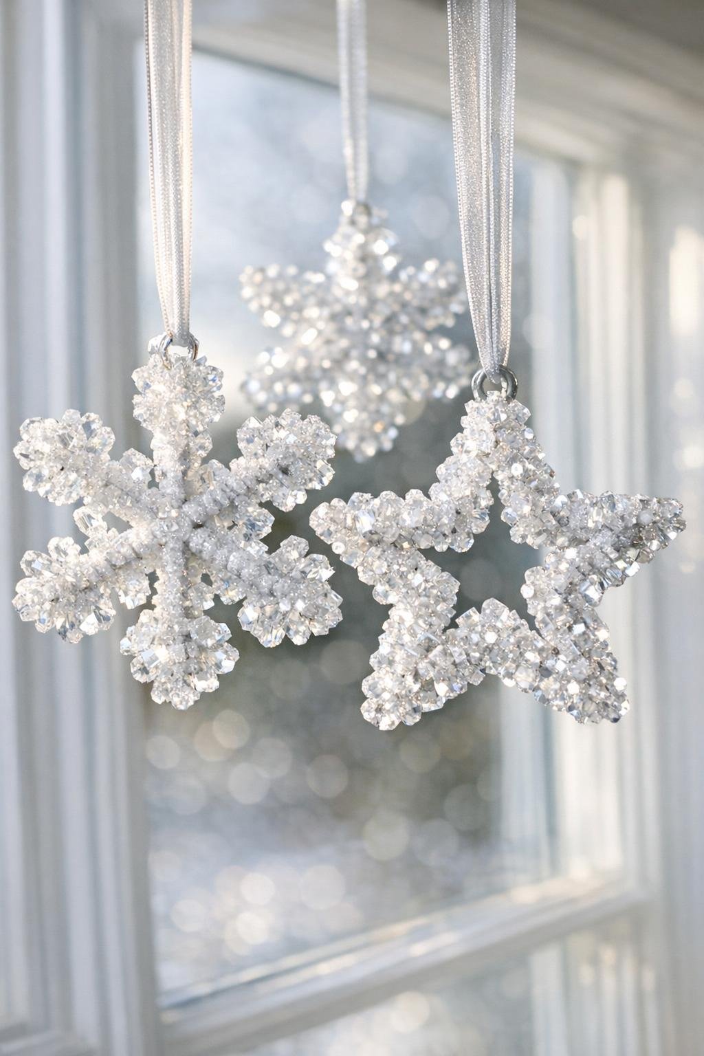 Finished crystal ornaments made from white pipe cleaner shapes