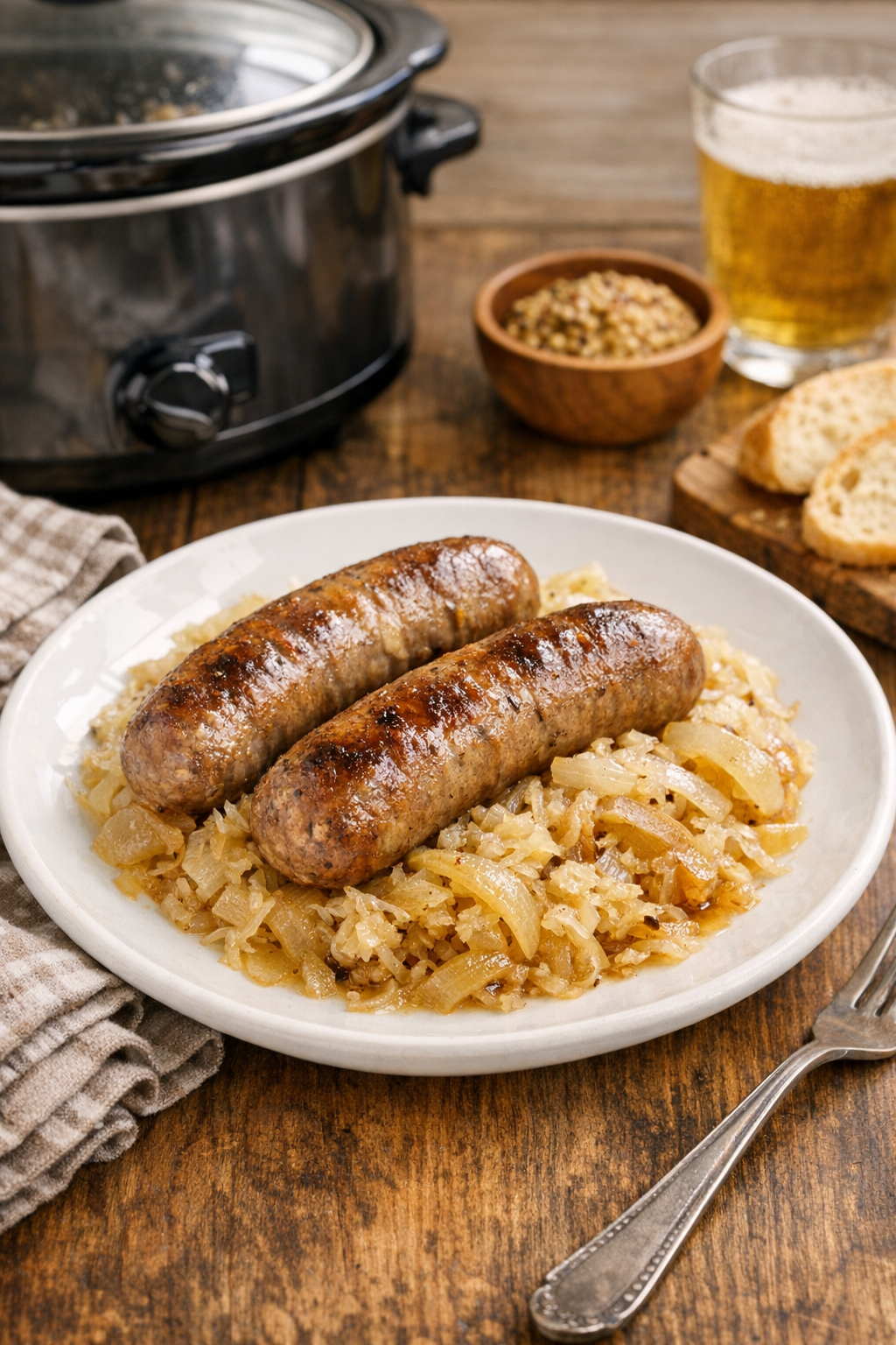 Finished slow cooker pork bratwursts plated with onions and sauerkraut