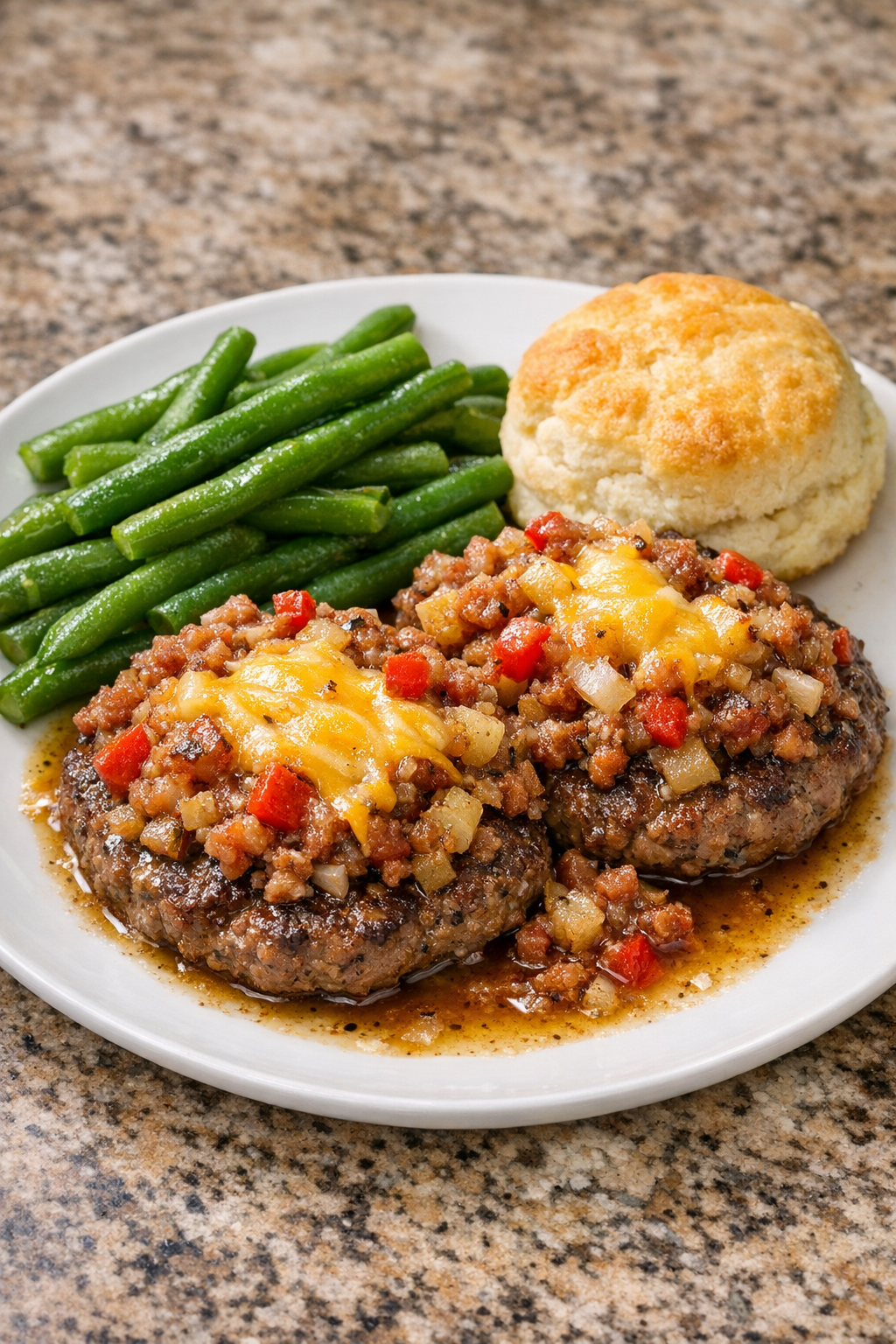 Finished patriotic hash beef plated with sides