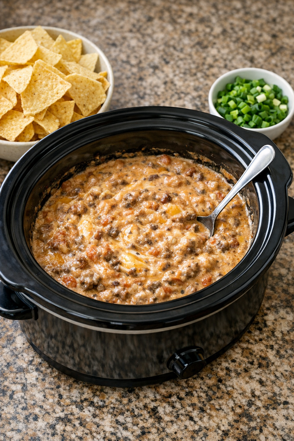 Finished cheesy bean beef dip in a slow cooker with chips on the side