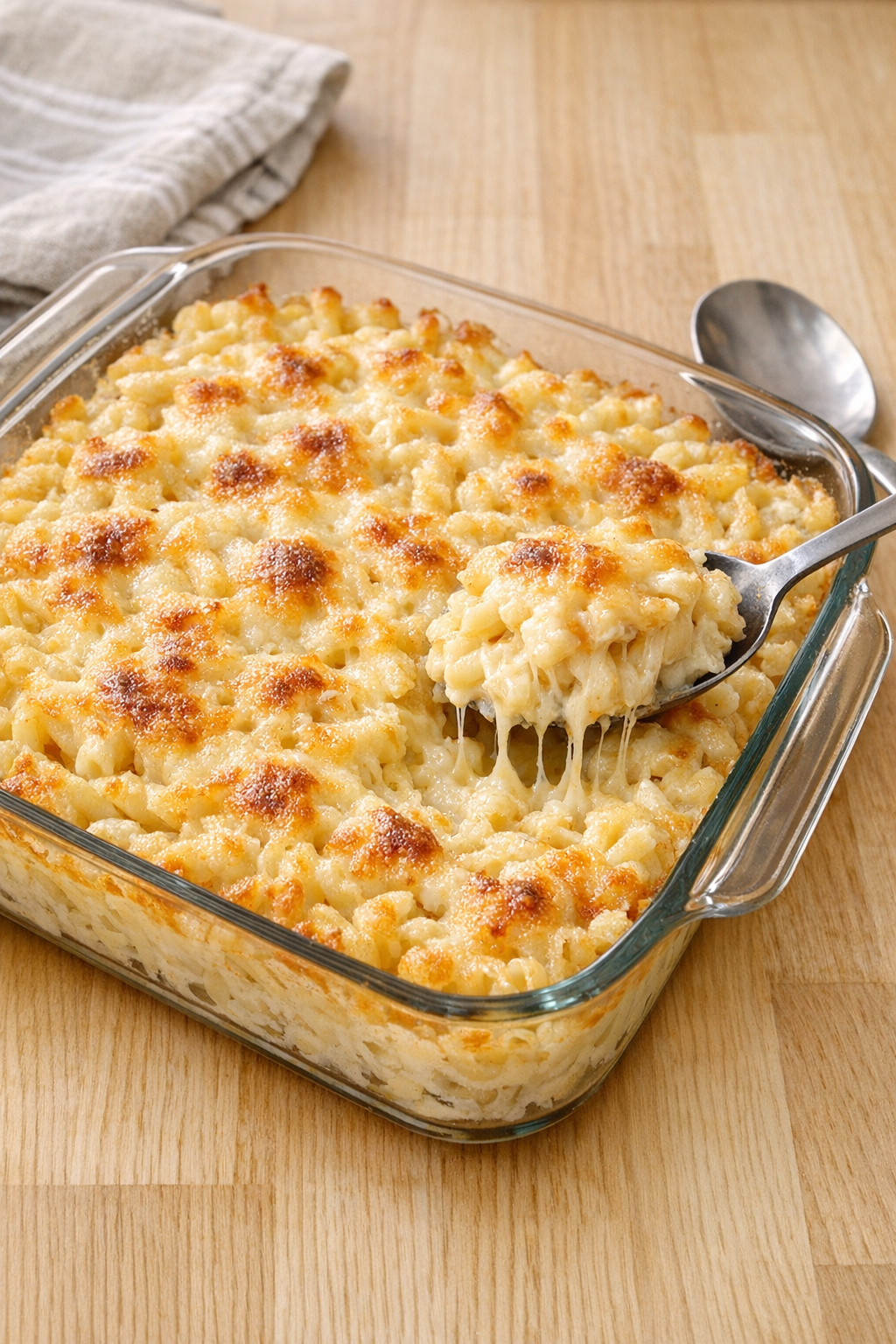 Finished baked Monterey Jack gemelli pasta in a glass baking dish
