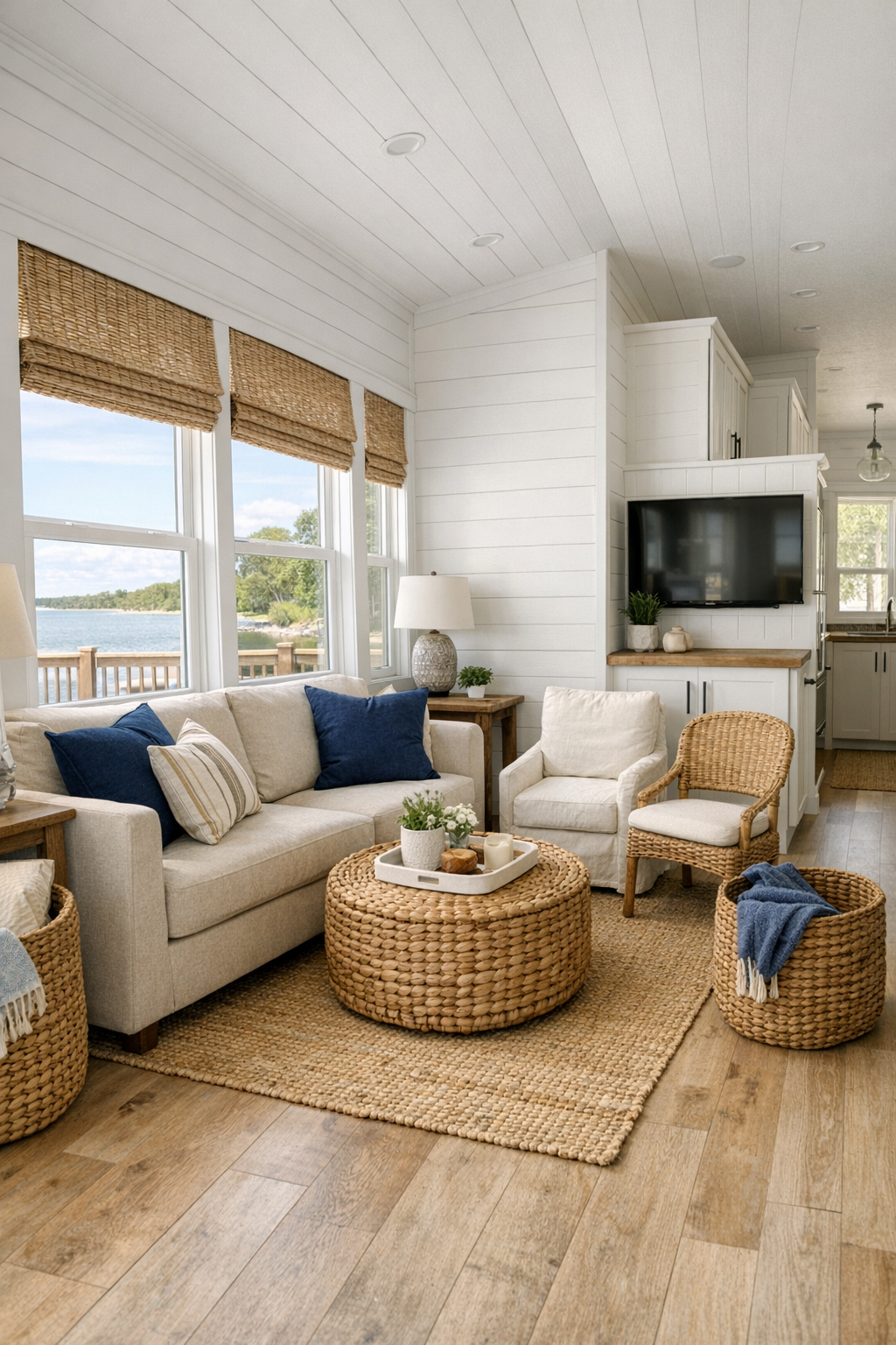 Bright coastal living room with white paneled walls, pale wood floors, and navy accents