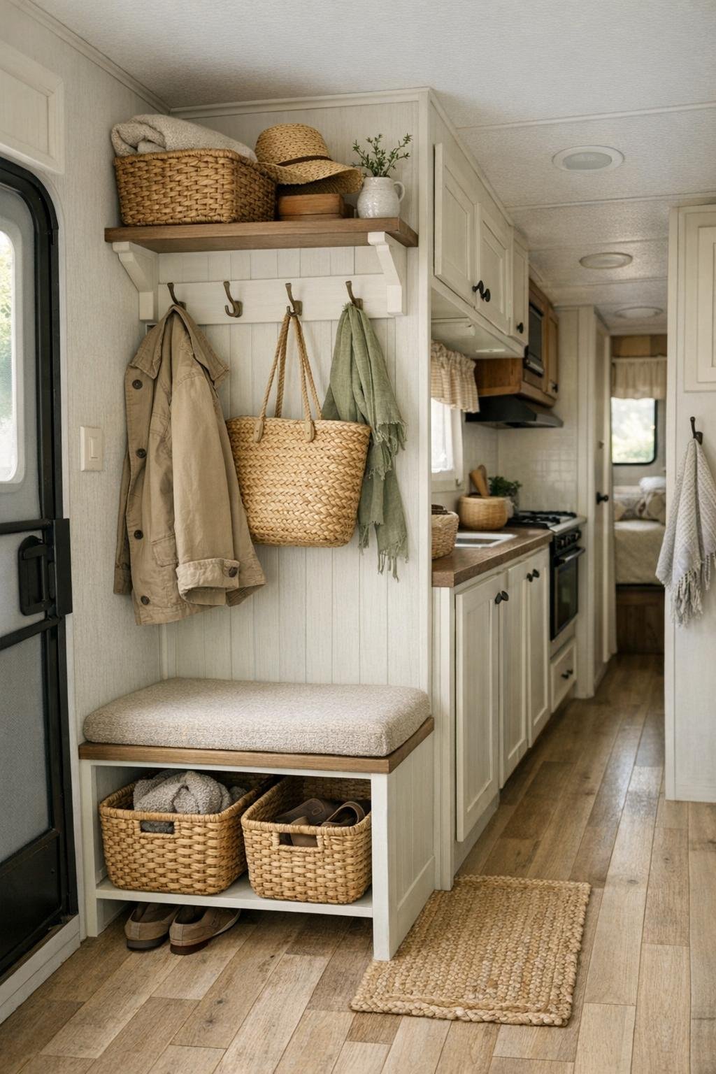 Thoughtful RV entry and hallway area with built-in storage, hooks, and woven baskets