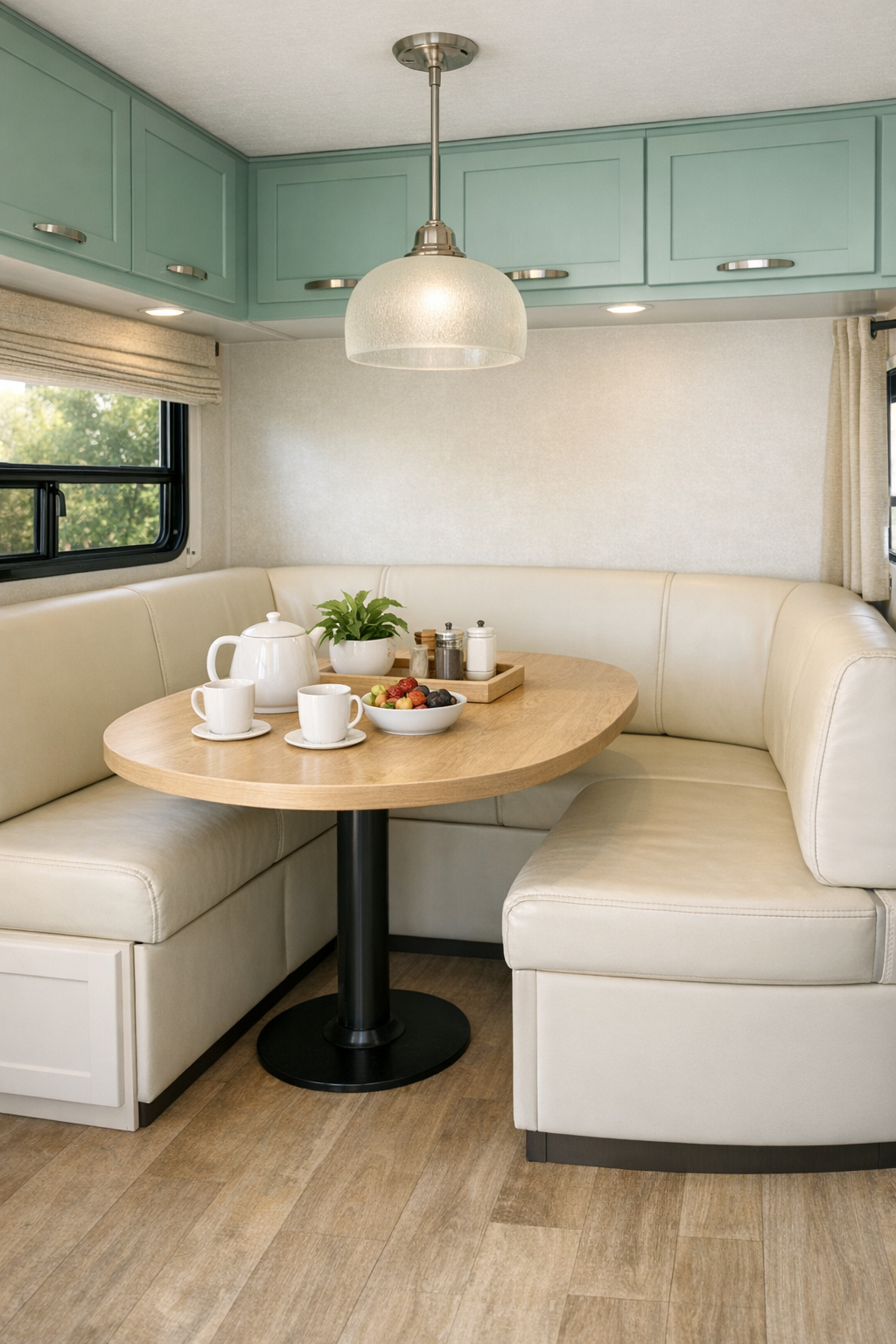 Accessible RV dining nook with rounded table and cream banquette