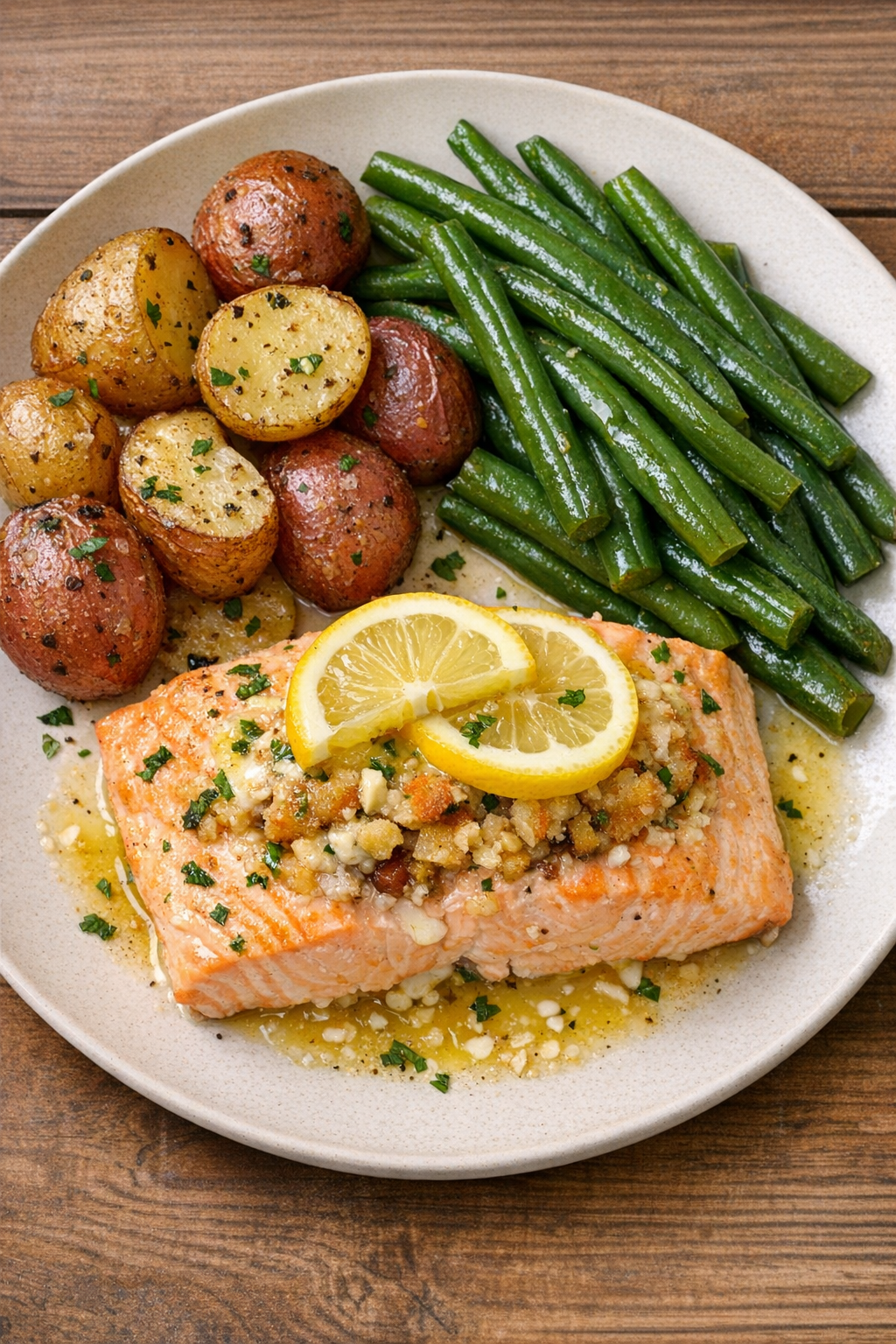 Baked stuffed salmon portions plated for dinner