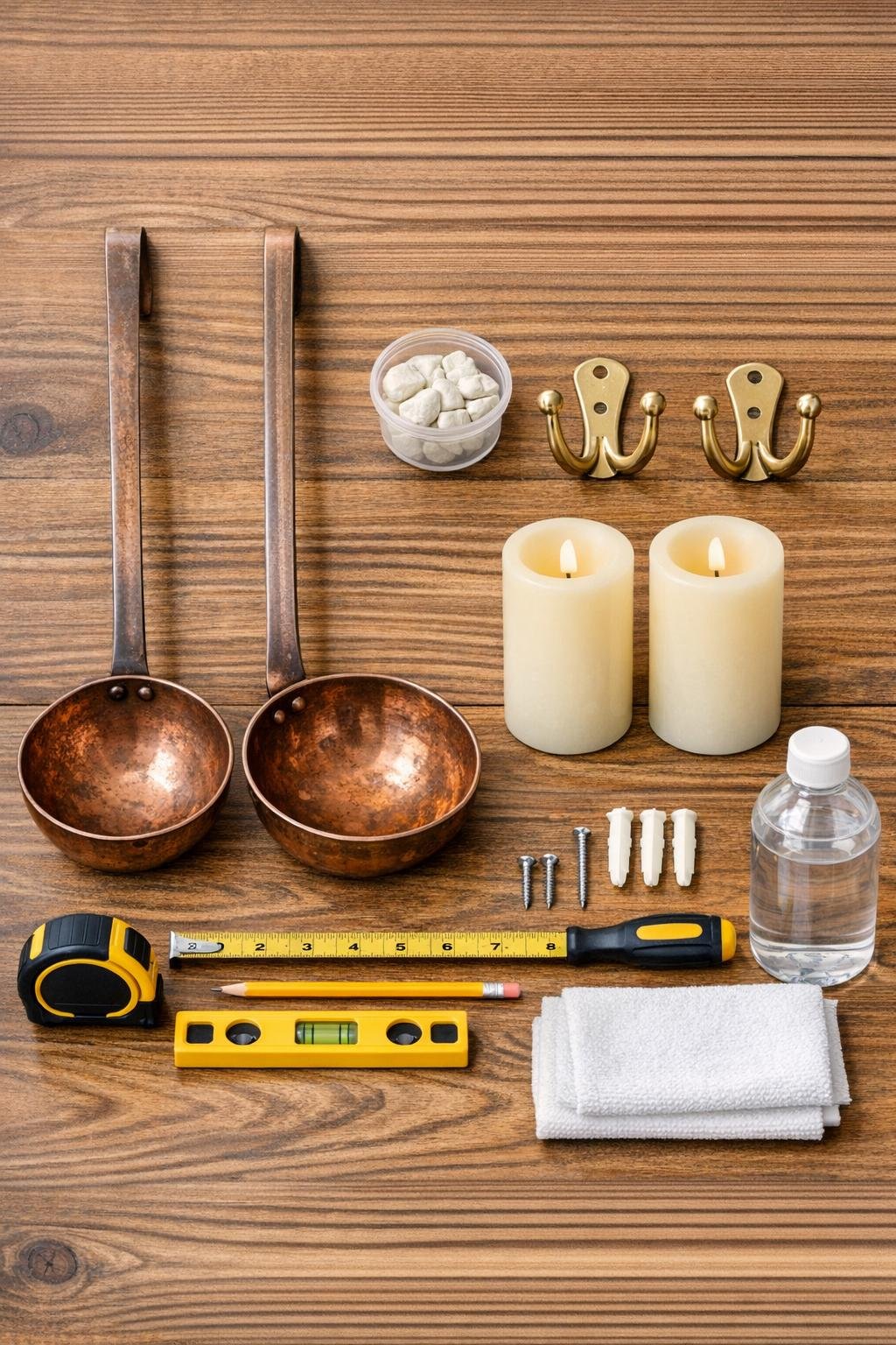 Materials for soup ladle candle sconces laid out on a table