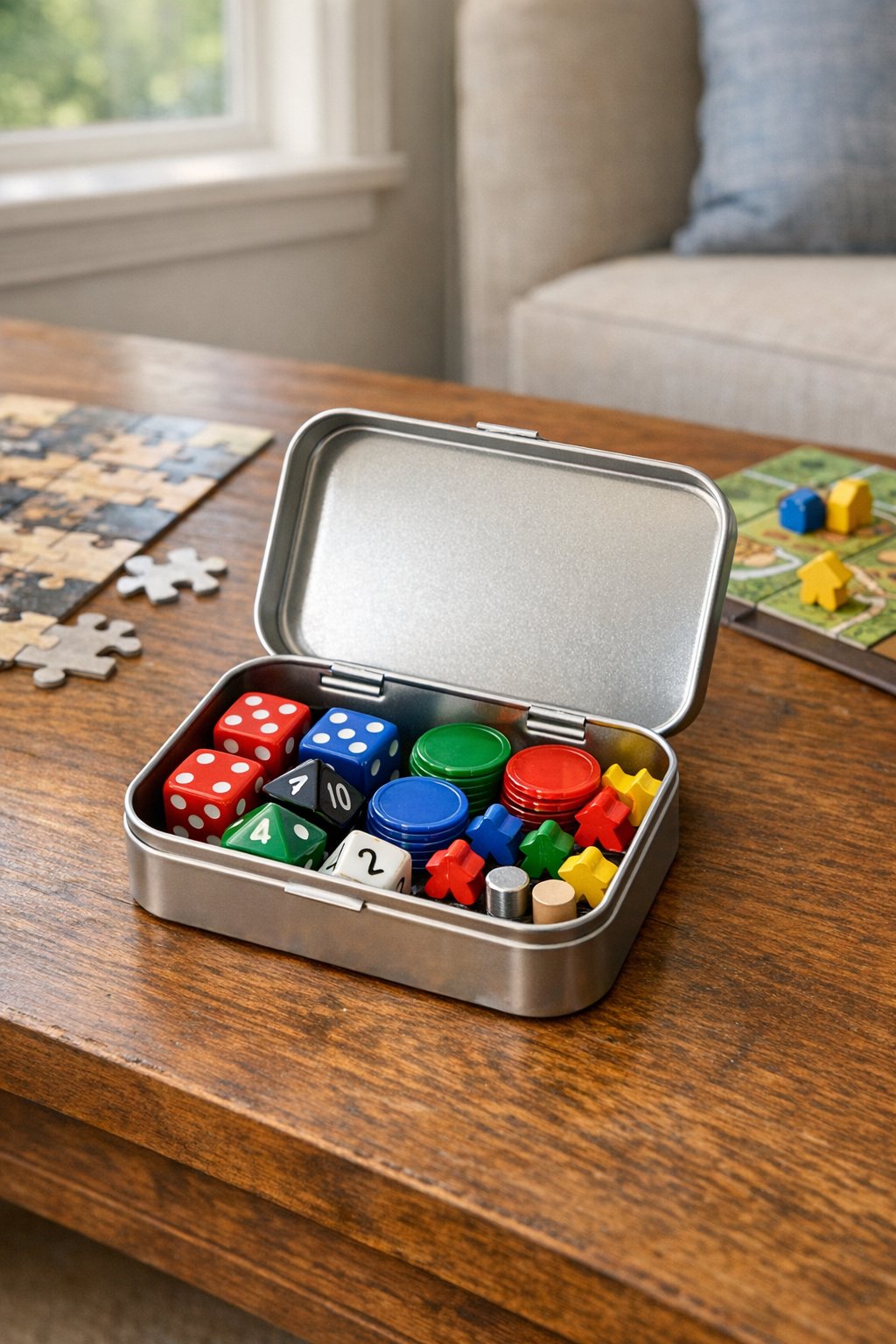 Mint tin used to store small game and puzzle pieces