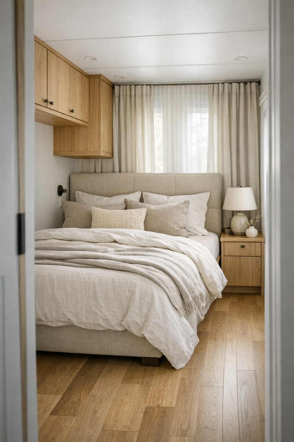 Calm tiny home bedroom with upholstered headboard, linen drapery, and pale oak storage