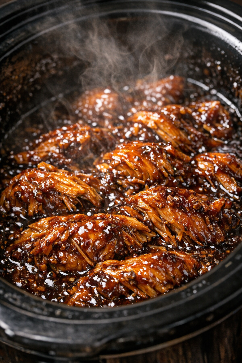 Glistening slow cooker chicken in dark amber glaze