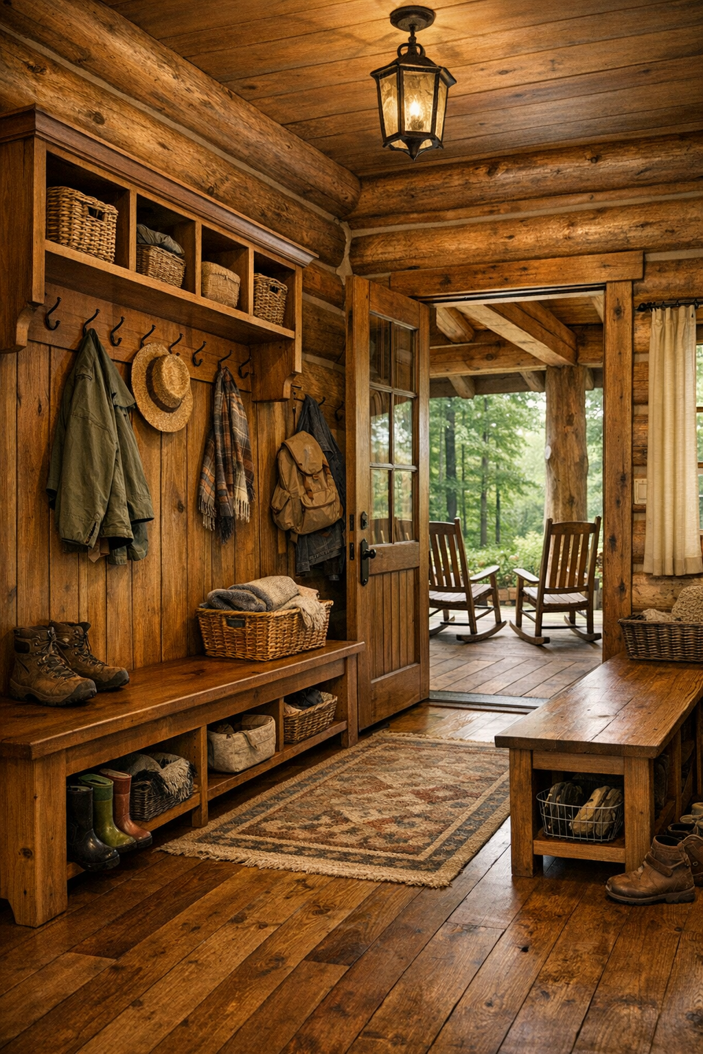 Thoughtful mudroom and porch area with built-in wood storage and welcoming rustic details