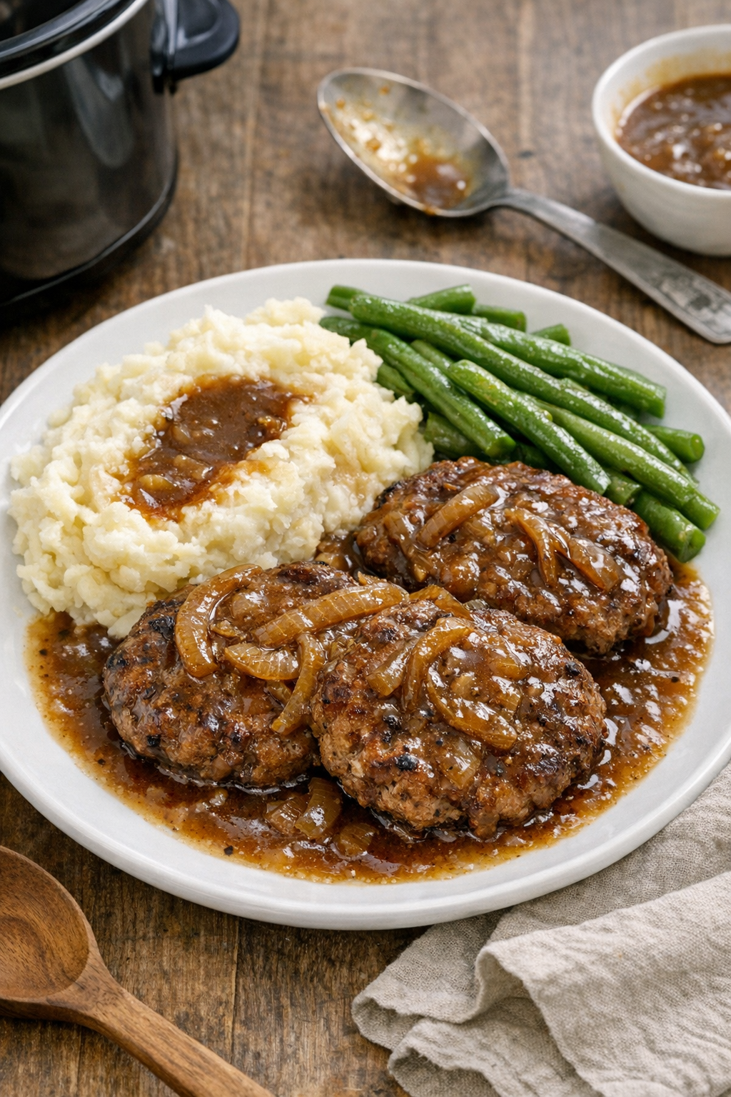 Finished slow cooker beef plated with gravy