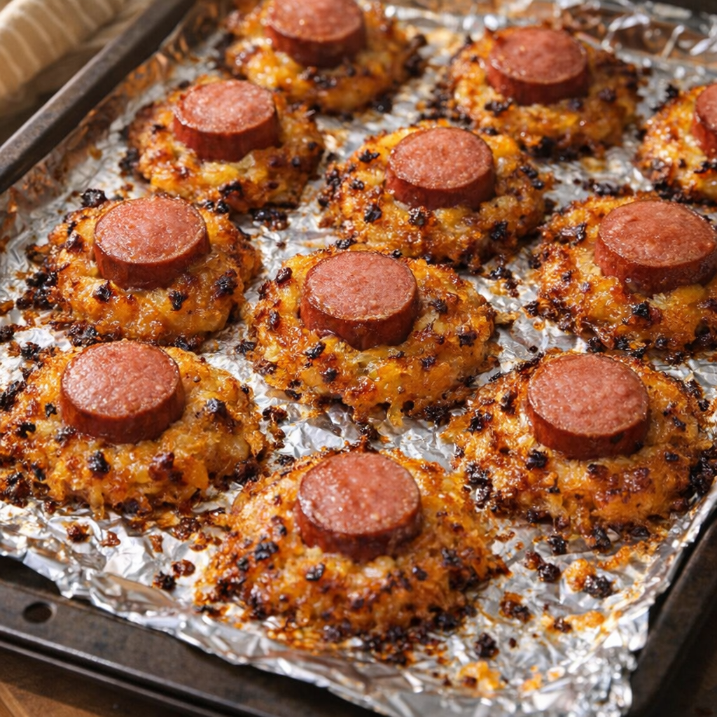 Cheddar hot dog bites fresh from the oven on a foil-lined tray