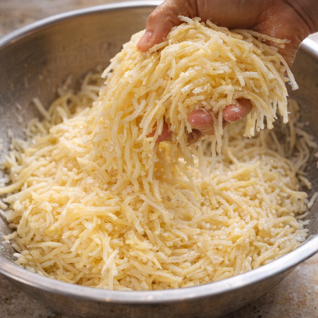 Seasoned shredded potatoes tossed in a mixing bowl