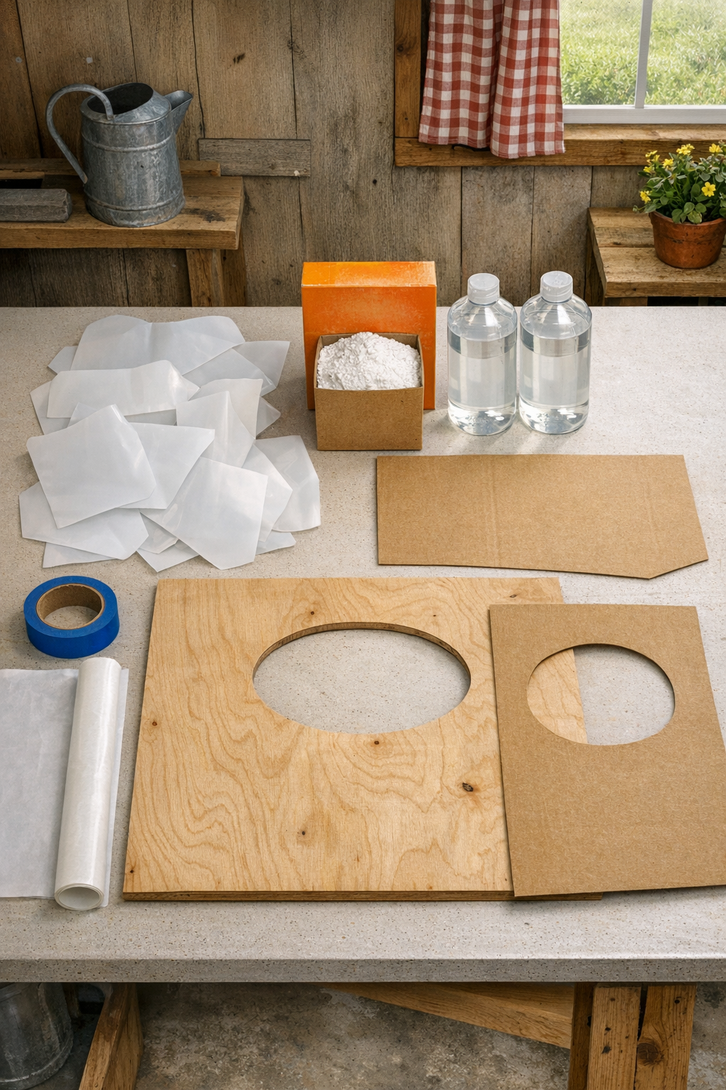 Materials for a faux marble vanity top laid out on a worktable