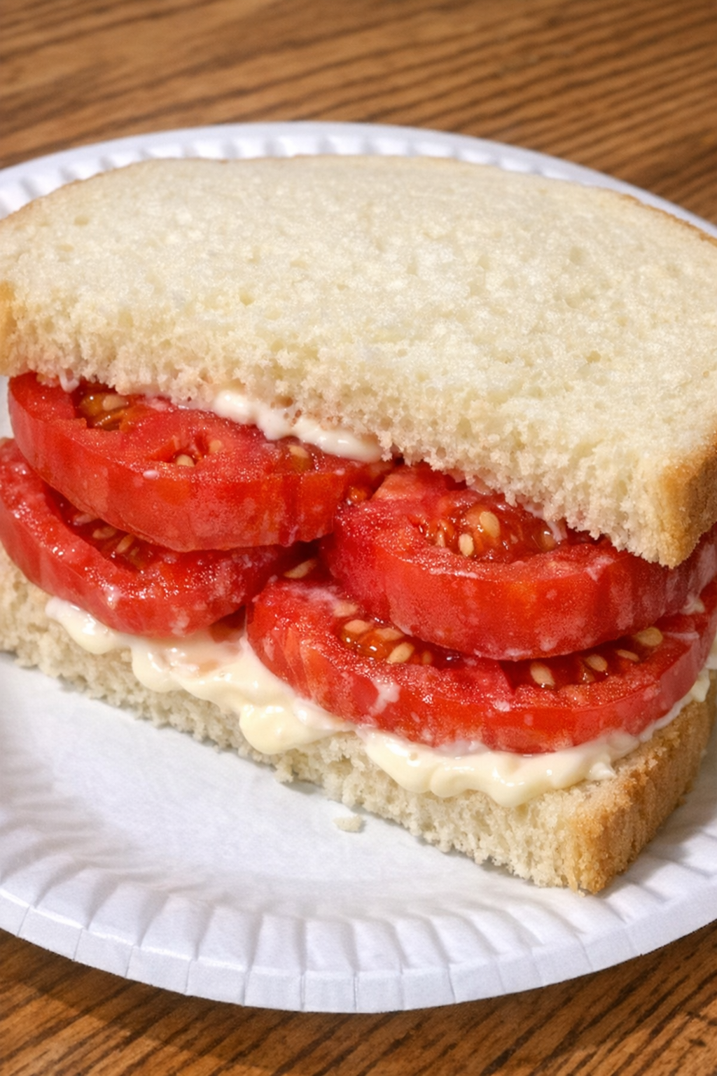 3-ingredient tomato sandwich on a white paper plate