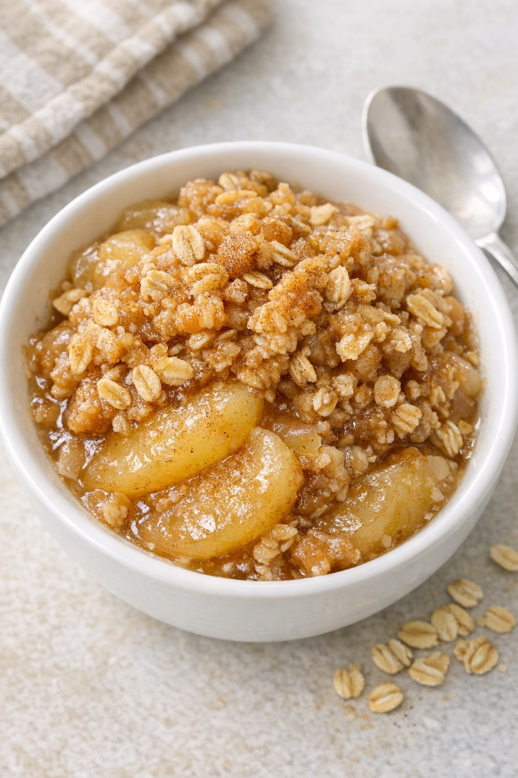 Finished slow cooker apple oat dessert in a serving bowl