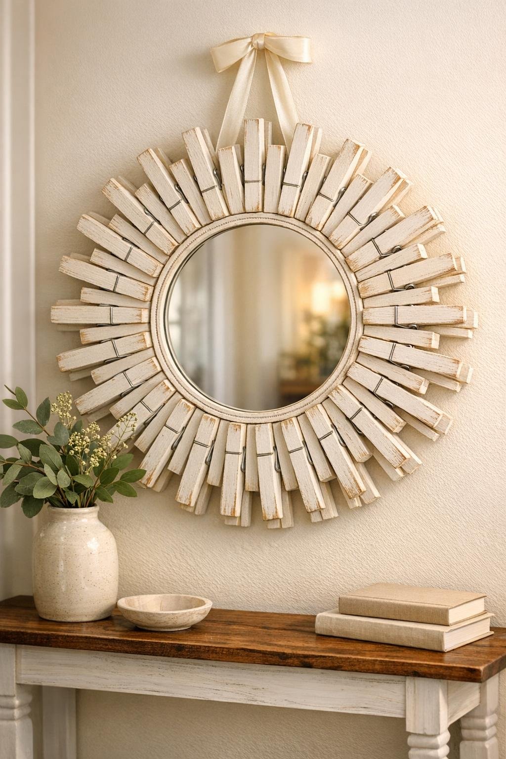 Finished clothespin starburst mirror frame hanging on a wall