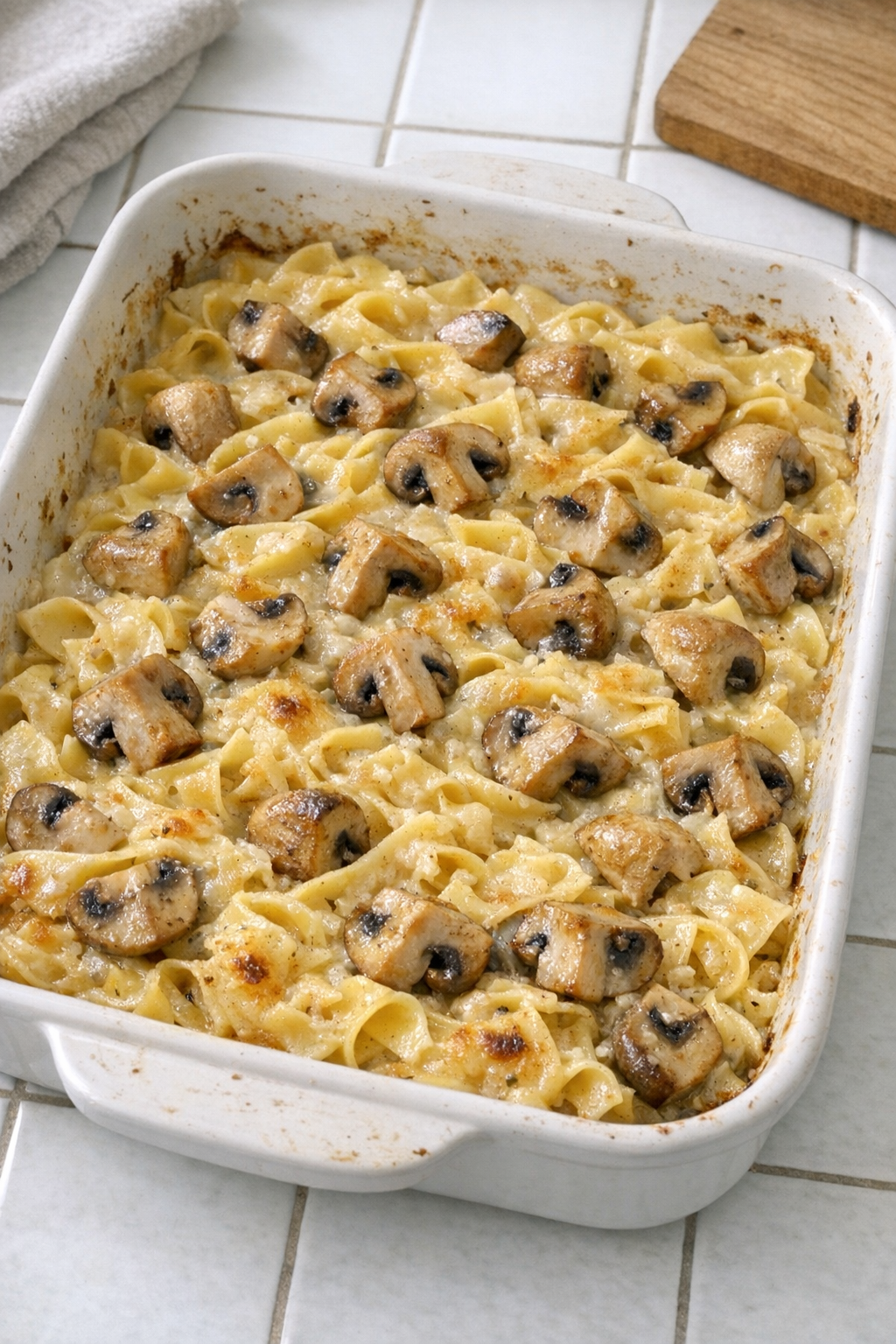 Finished baked mushroom noodle casserole in a ceramic roasting pan