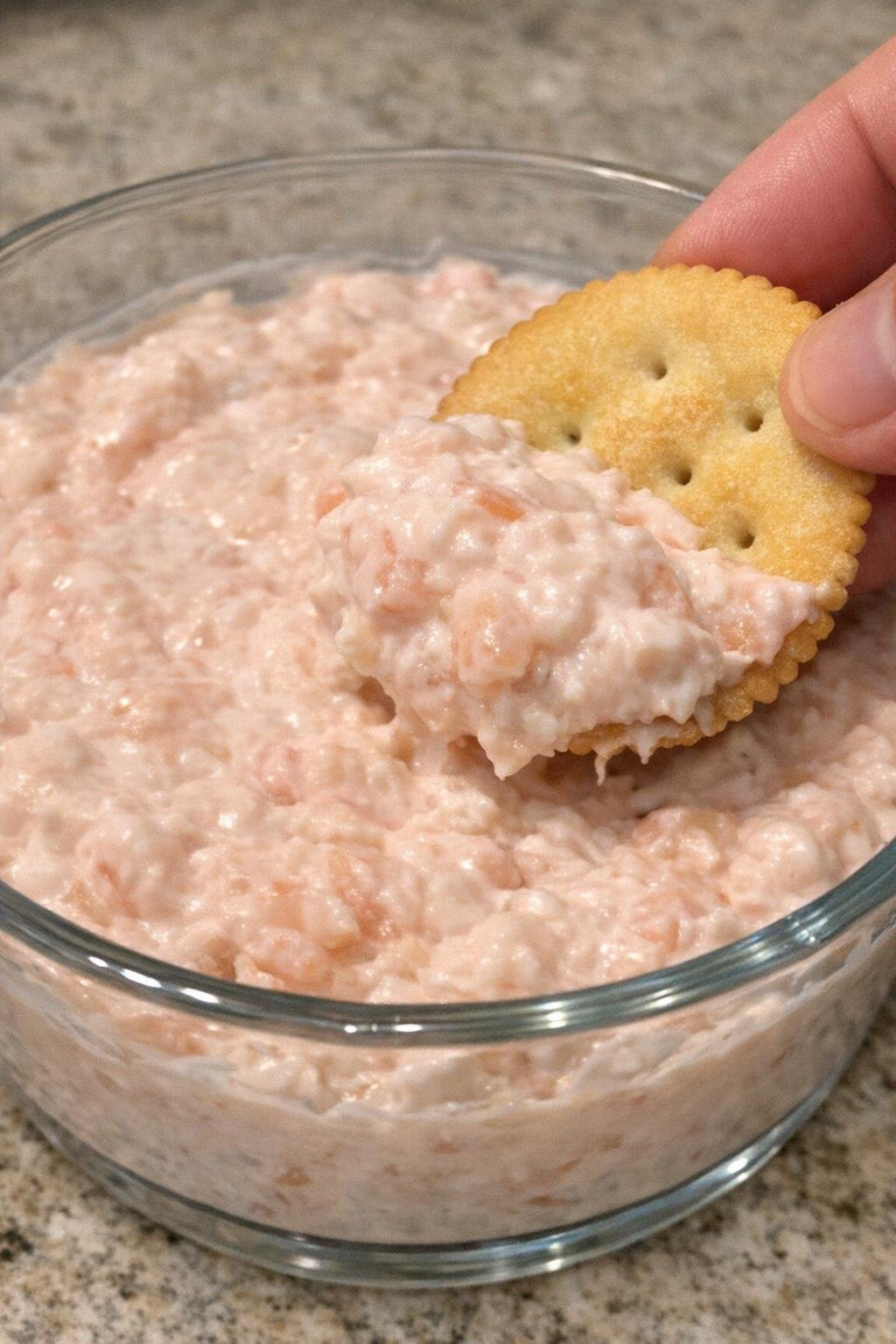 Shrimp dalton dip in a glass bowl with a cracker scooping through it