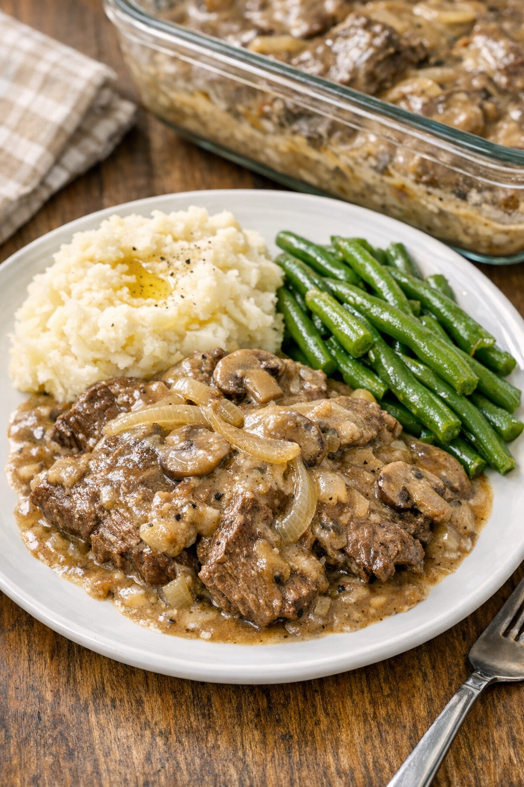 Finished Amish beef and cream of mushroom bake served on a plate