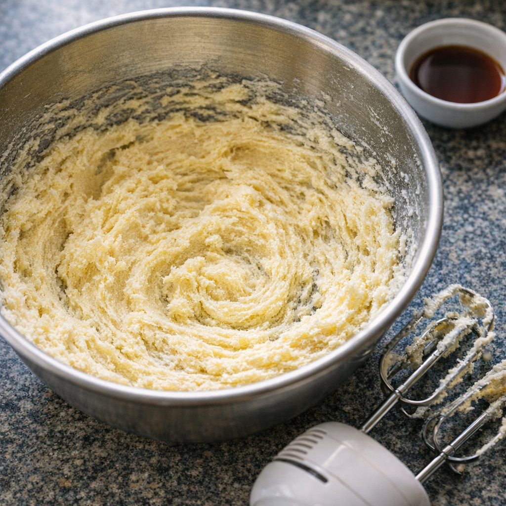 Butter and sugar creamed in a mixing bowl