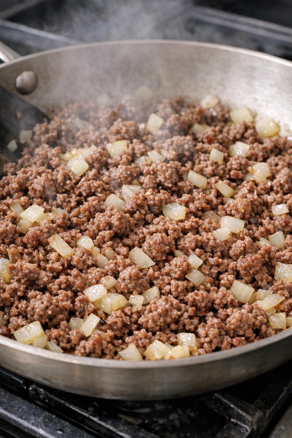 Ground beef and onion browning in a skillet