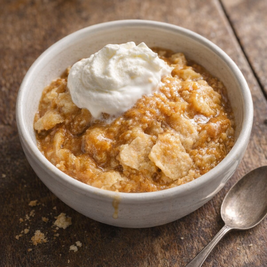 Slow cooker peanut butter pie served warm in a small bowl