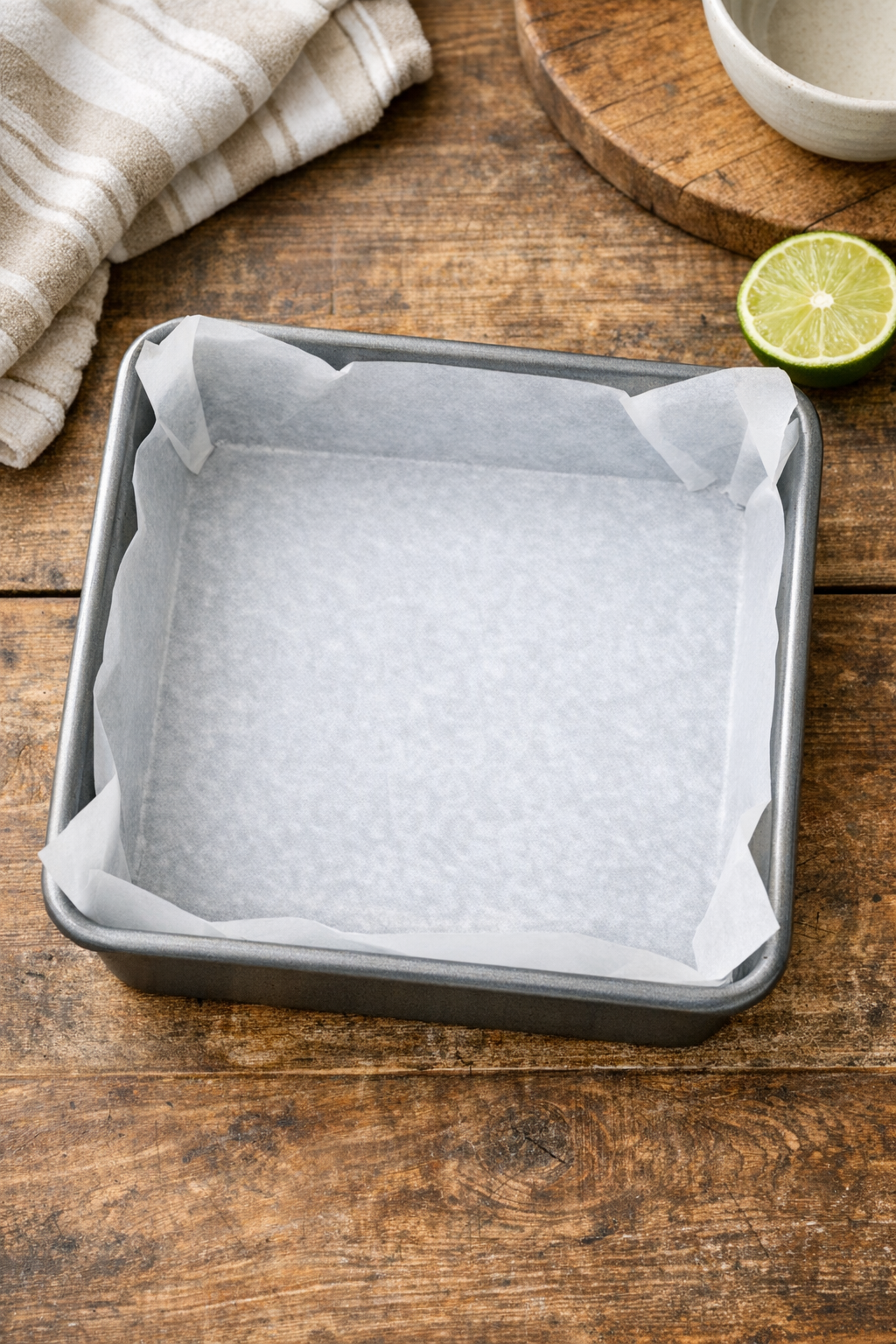 Prepared parchment-lined pan on the counter