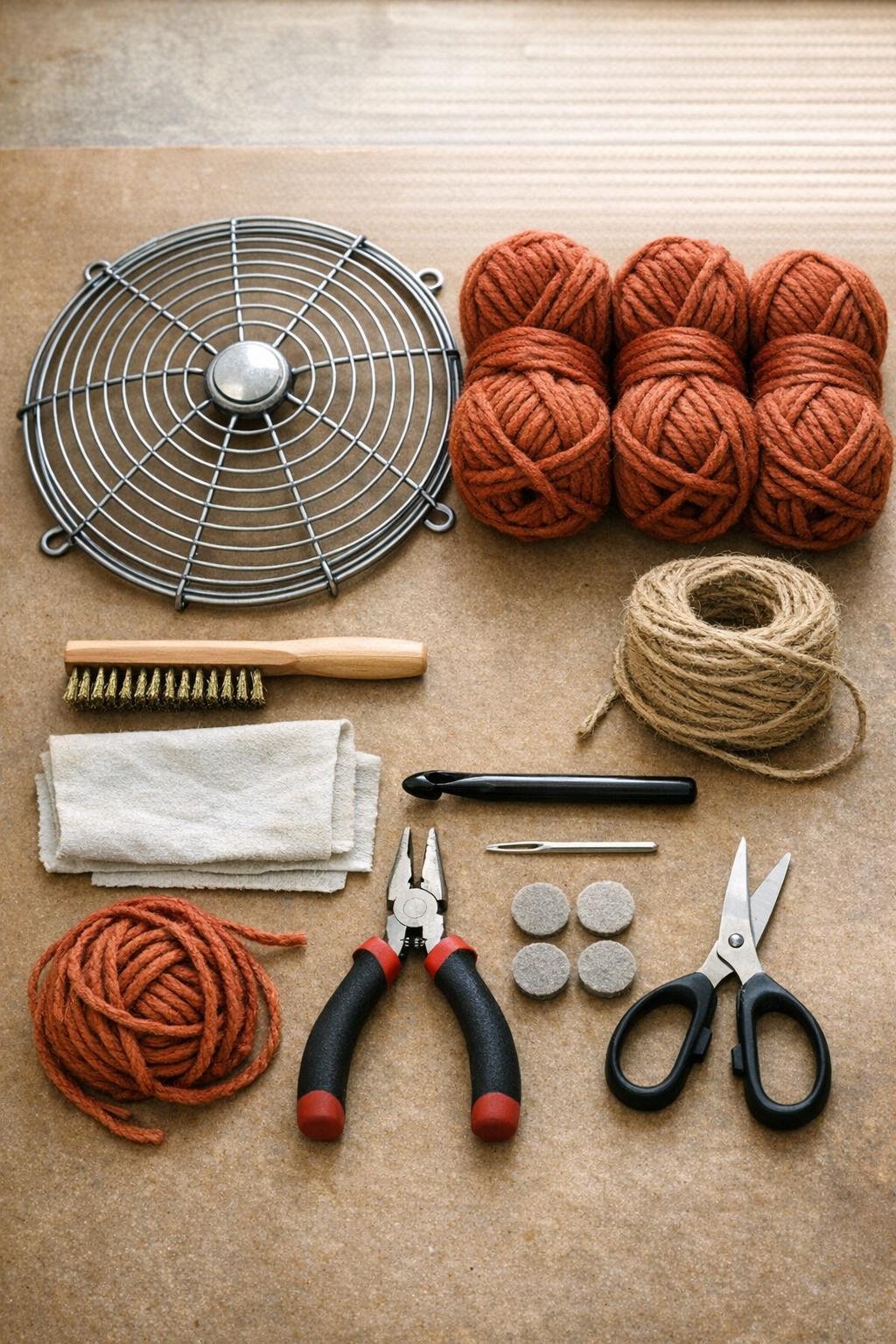 Materials for a crochet basket made from a vintage fan guard