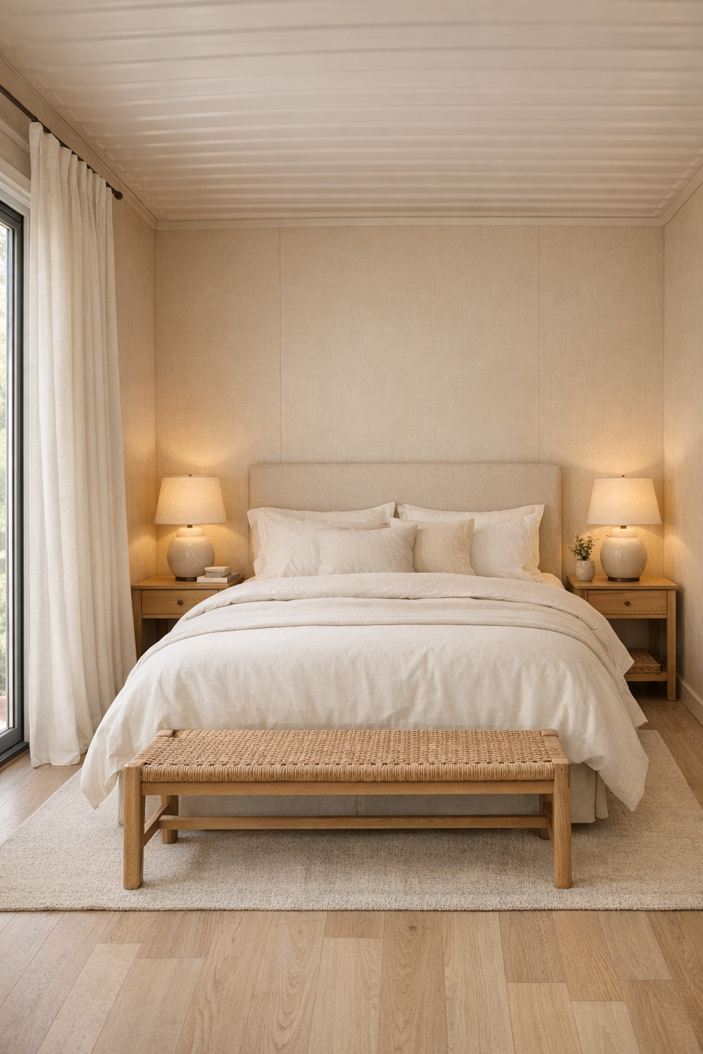 Calm bedroom with soft almond walls and natural textures
