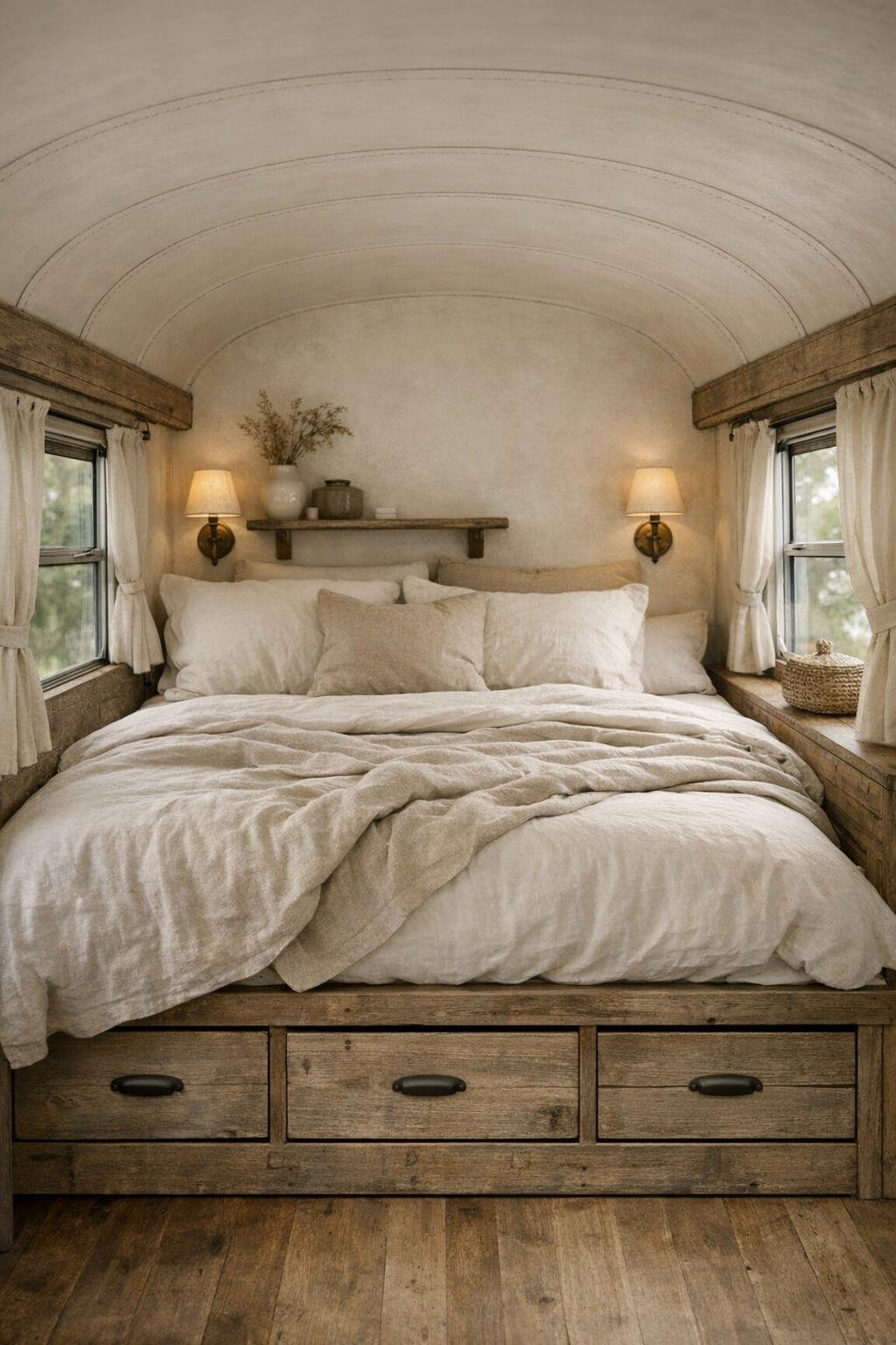 Cozy bus bedroom with built-in bed platform and soft neutral linens