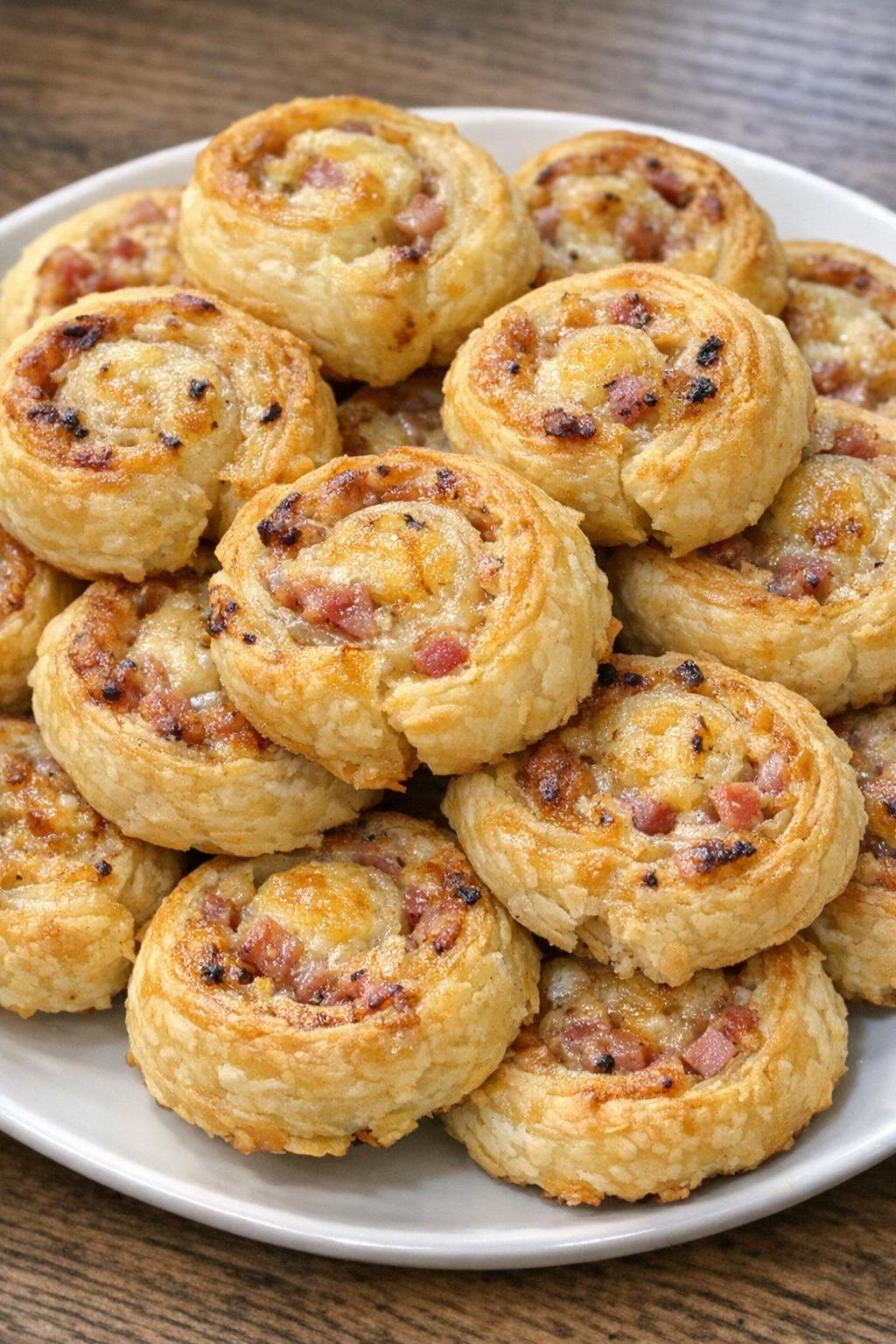Golden flaky pastry spirals on a white plate
