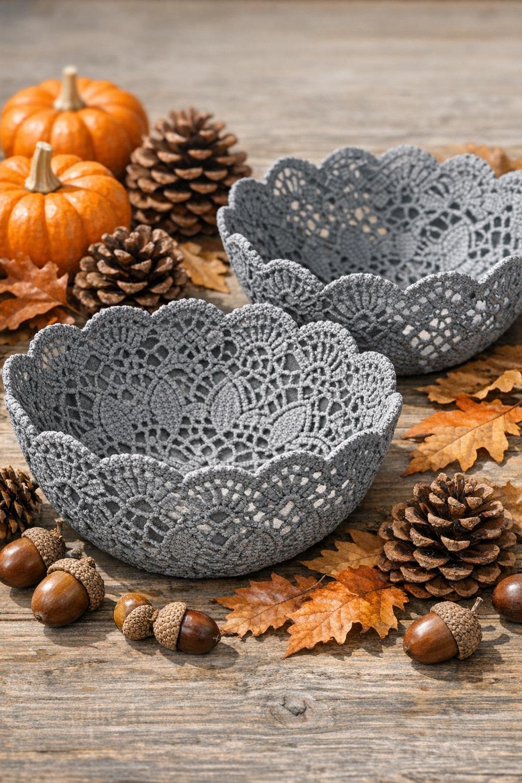Finished faux stone harvest bowls made from lace doilies