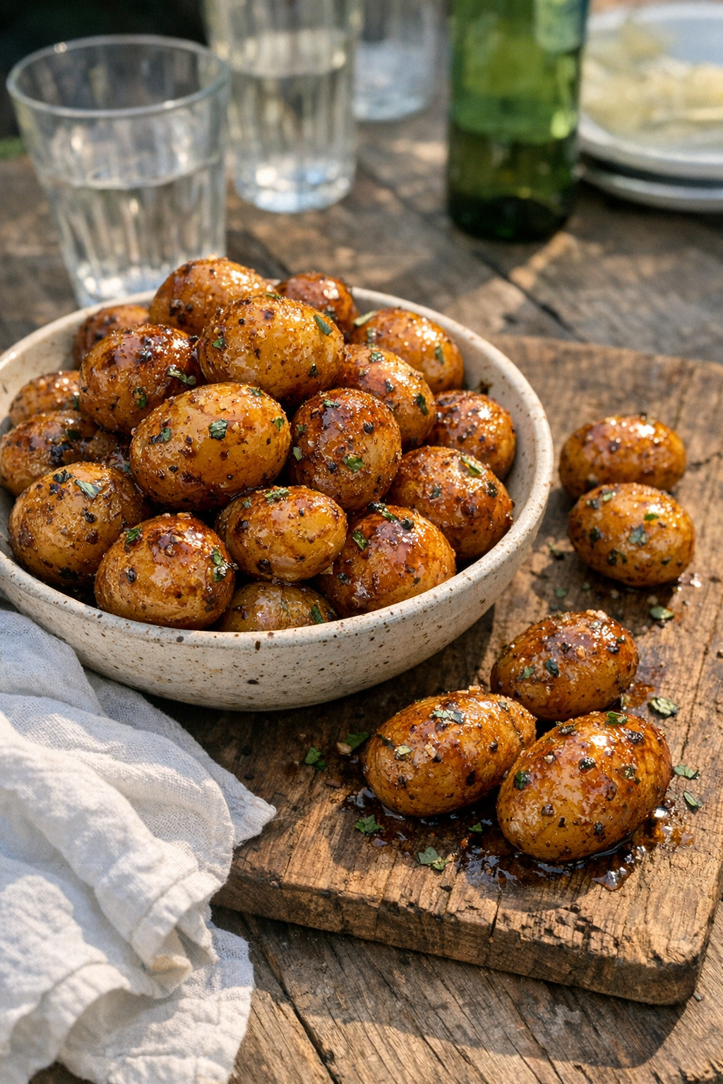Finished glazed baby potatoes plated for serving