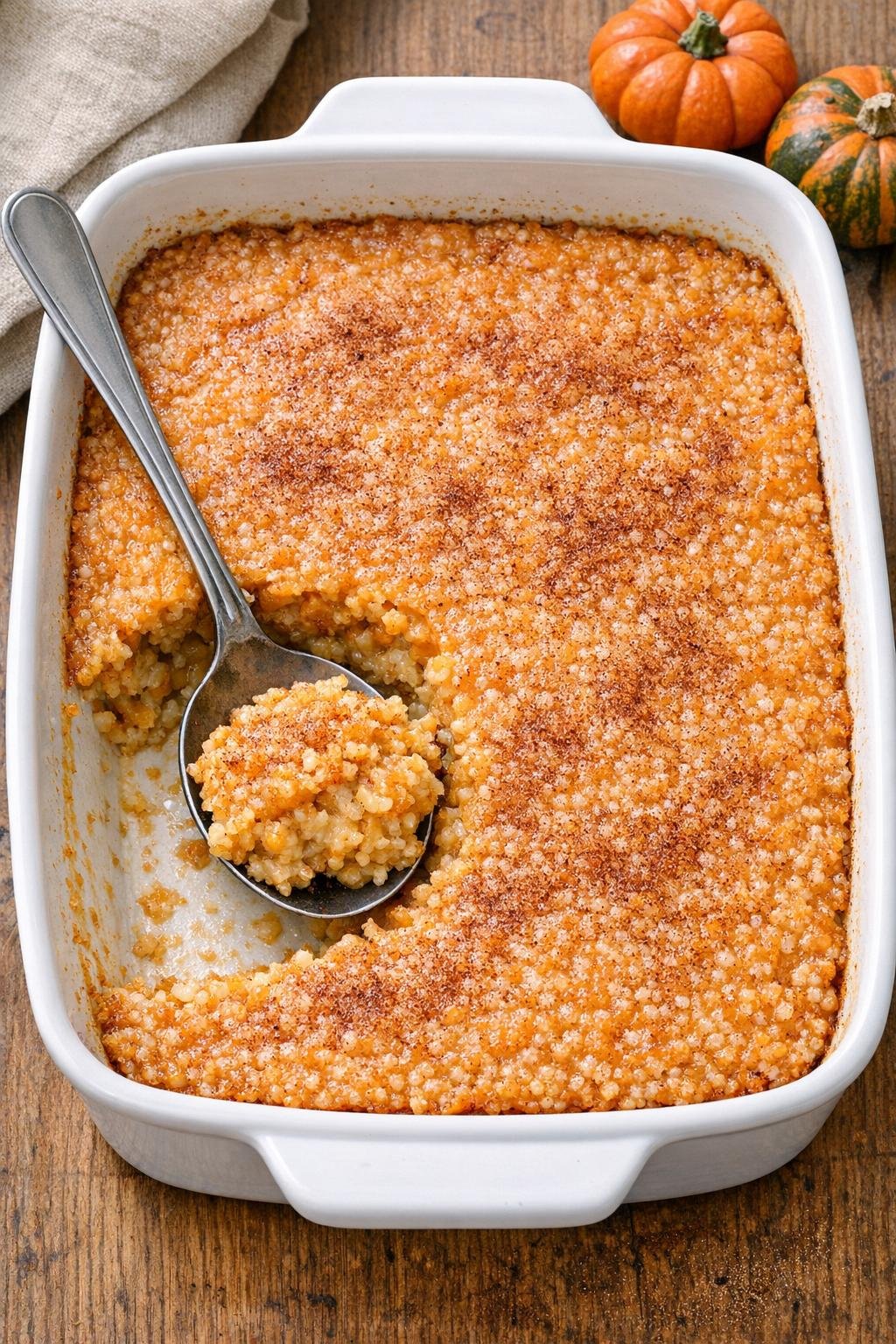 Baked pumpkin quinoa dessert in a casserole dish