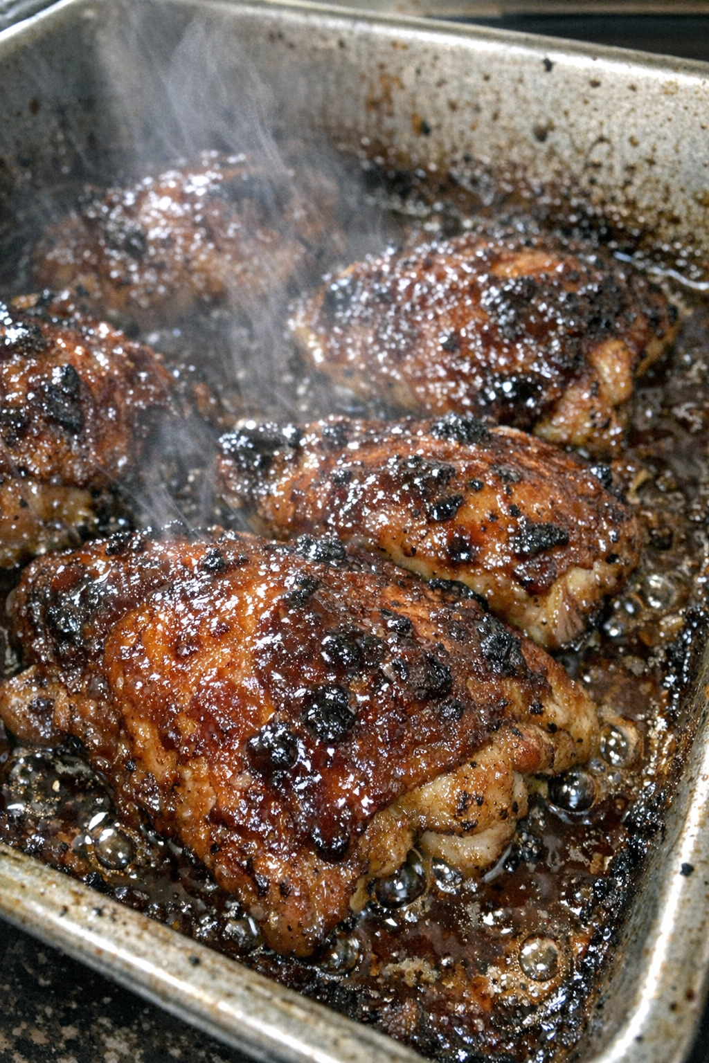 Roasted caramelized protein bubbling in a metal baking pan