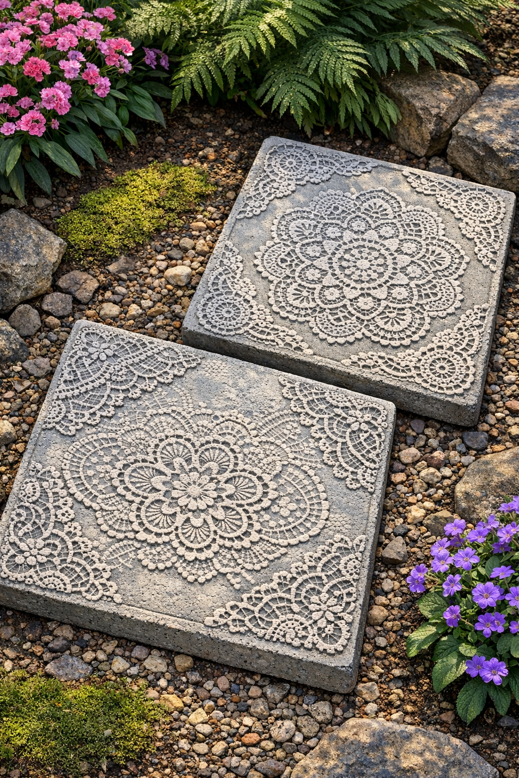 Finished embossed cement patio forms made with vinyl lace tablecloth pattern