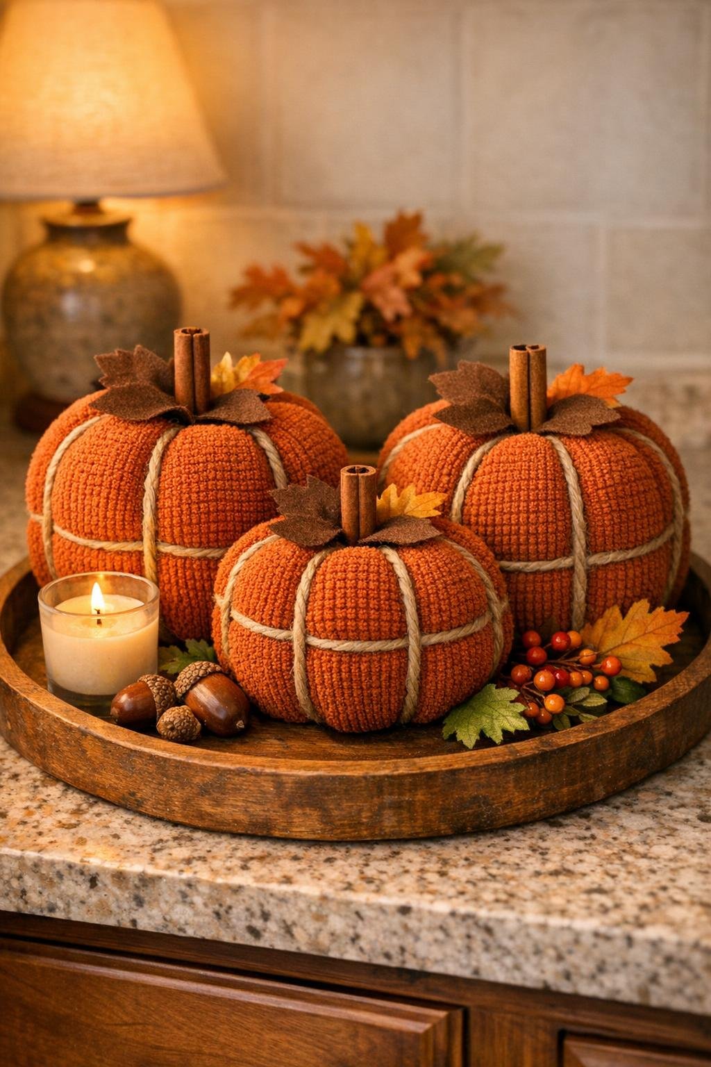 Completed washcloth pumpkin trio styled for fall decor