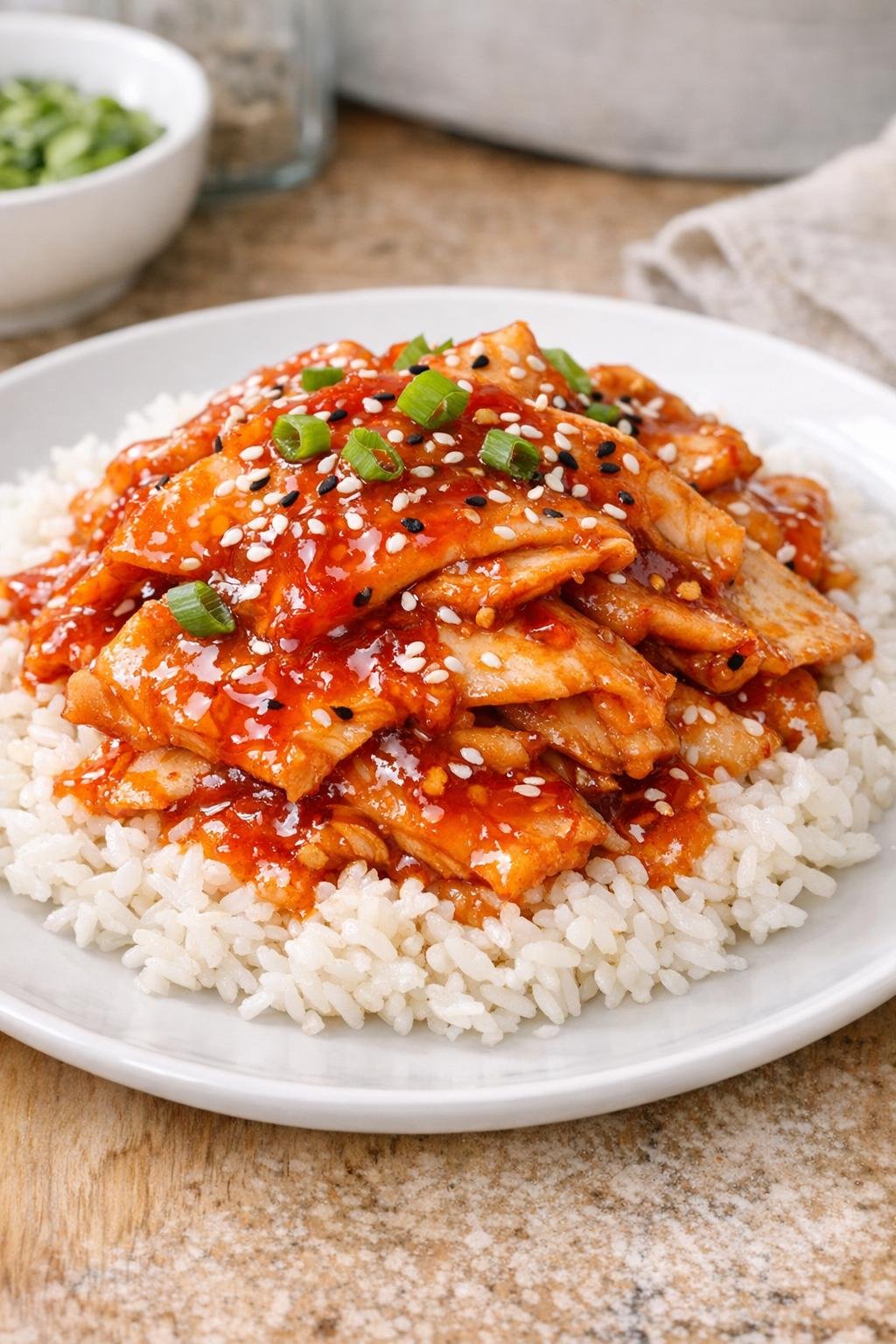 Finished sweet chili turkey served over rice