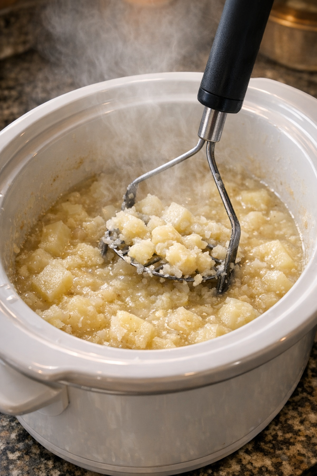 Tender potatoes being mashed in slow cooker