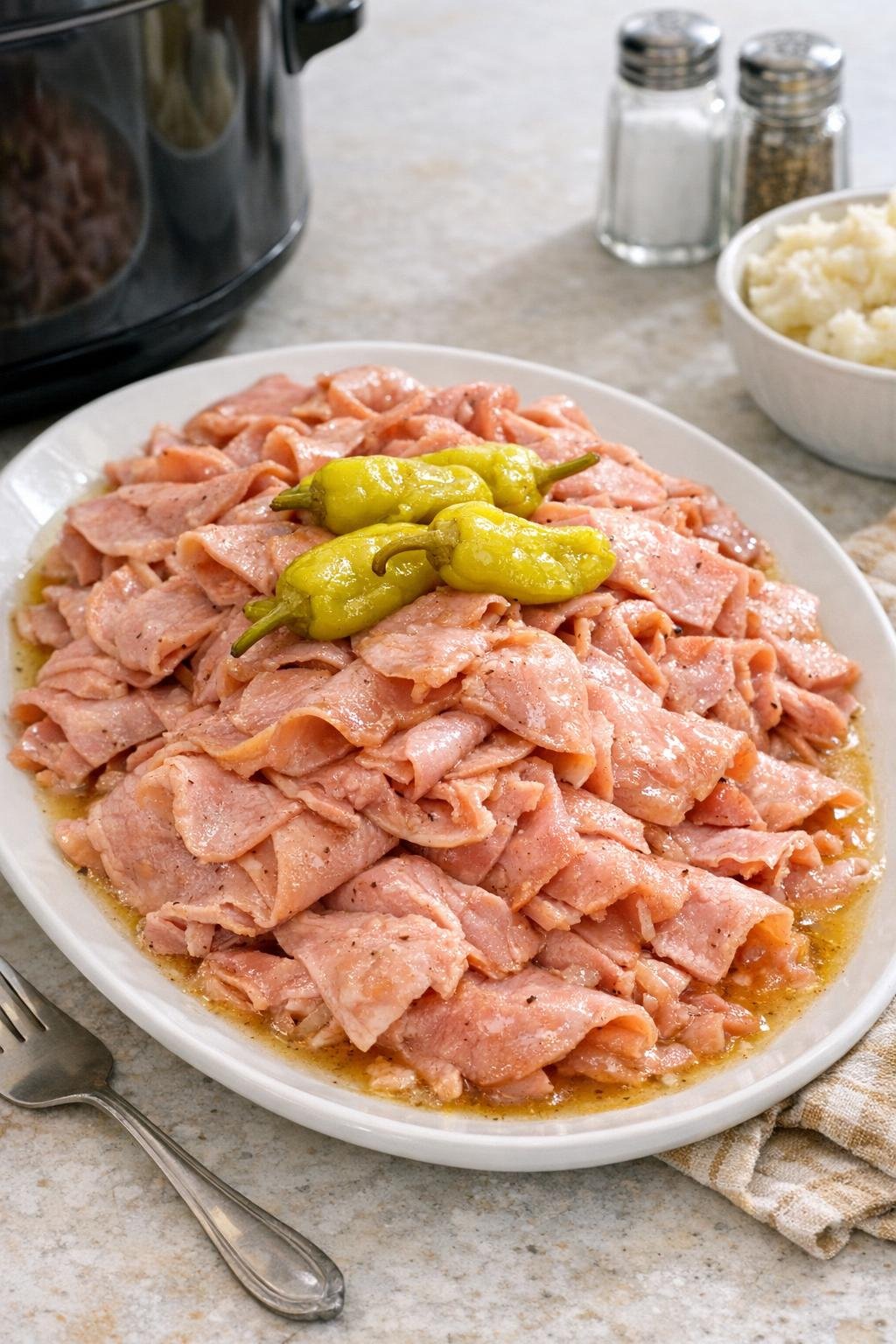 Finished Mississippi-style deli ham served on a platter with pepperoncini