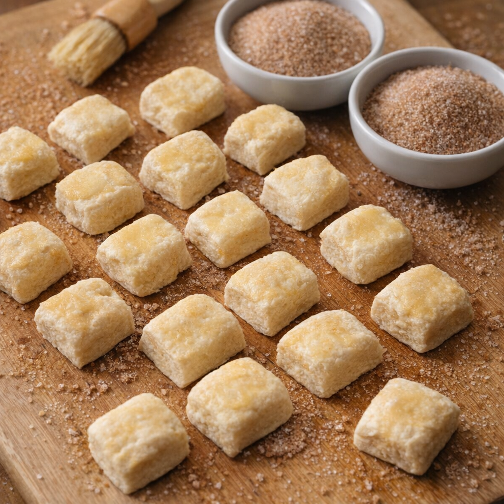 Cut biscuit dough pieces beside bowls of cinnamon sugar