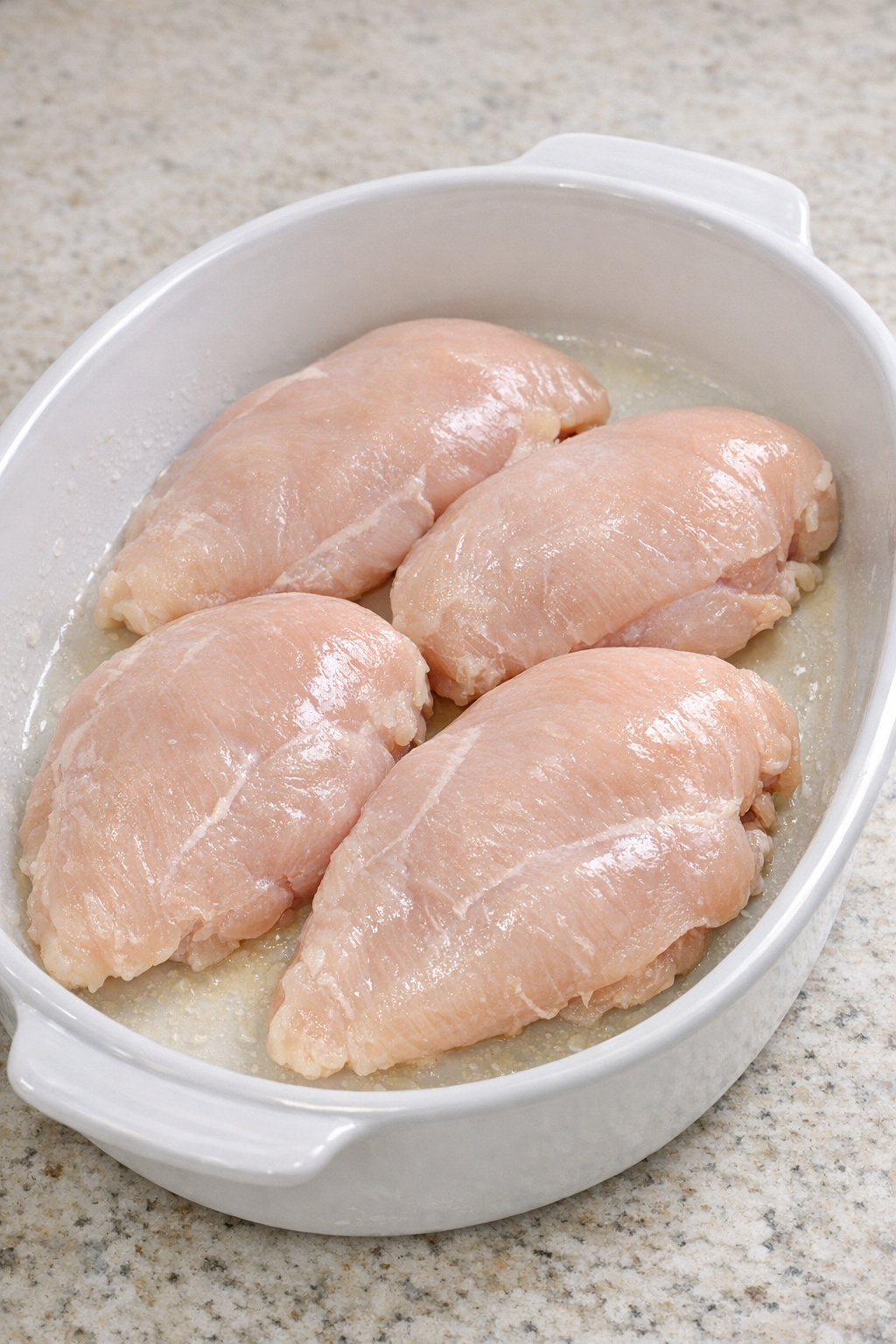 Raw chicken breasts arranged in a greased casserole dish
