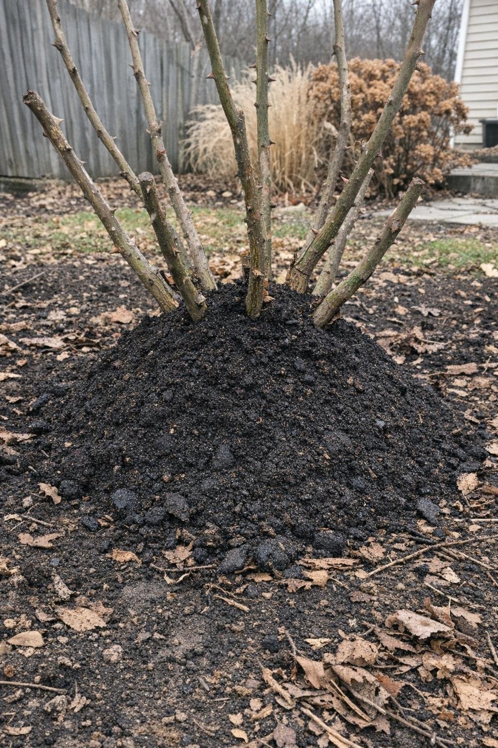 Rose crown covered with a tall mound of compost in winter