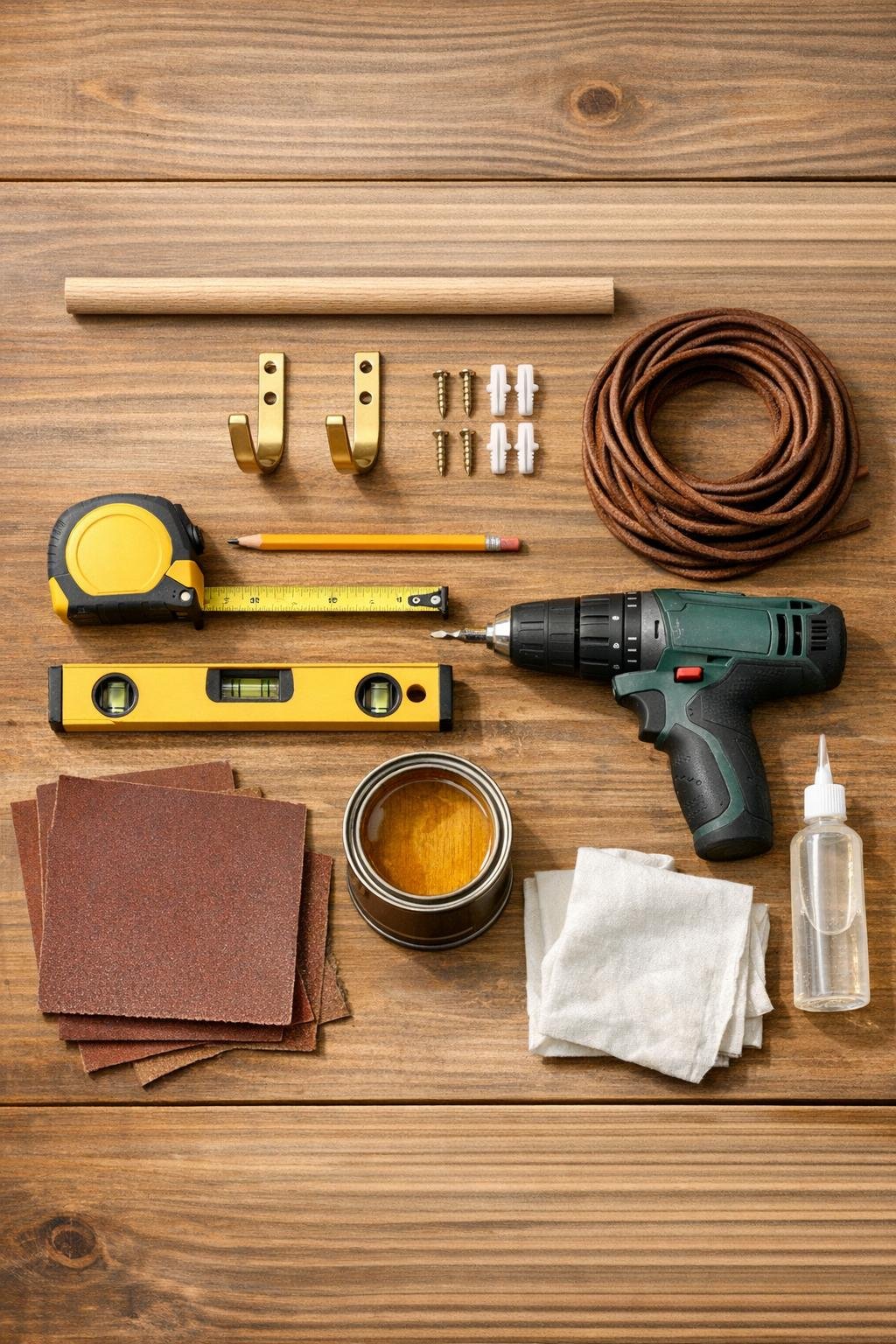 Materials for a leather cord and dowel sunglasses holder laid out neatly