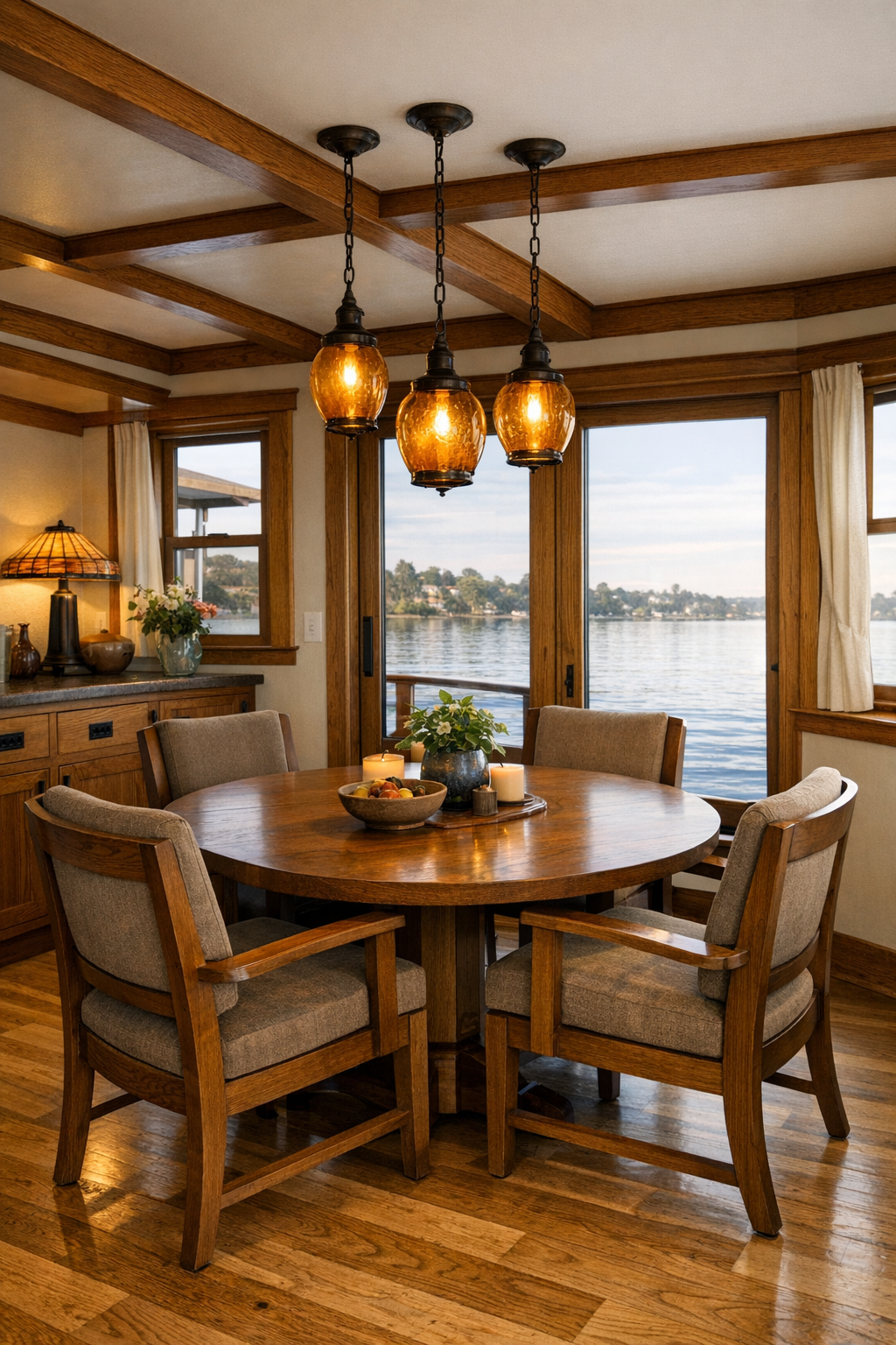 Craftsman dining room with round table, built-in sideboard, and water views