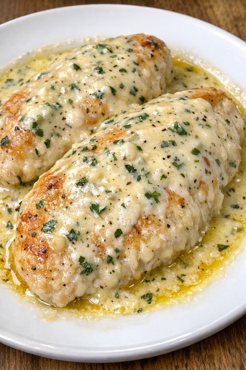 Creamy herb butter chicken on a white plate